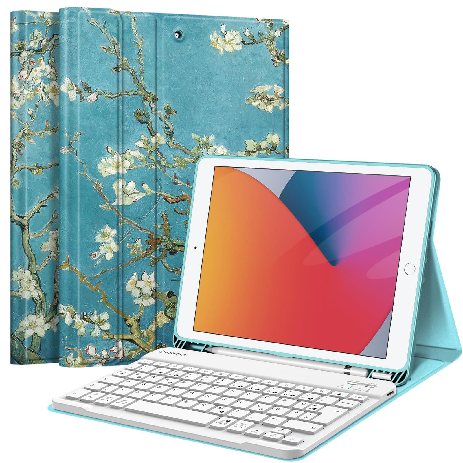 FINTIE Tastatur Hülle für iPad 10.2 Zoll (9/8/ 7 Generation - 2021/2020/2019), Schutzhülle mit TPU Rückschale, Pencil Halter und magnetisch Abnehmbarer Tastatur mit QWERTZ Layout,Mandelblüten