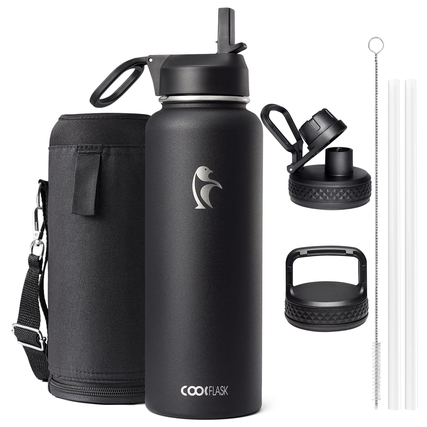 Coolflask Borraccia termica 1.2l, con cannuccia e 3 coperchi, in metallo, per sport o ufficio, a prova di perdite, facile da pulire, colore nero