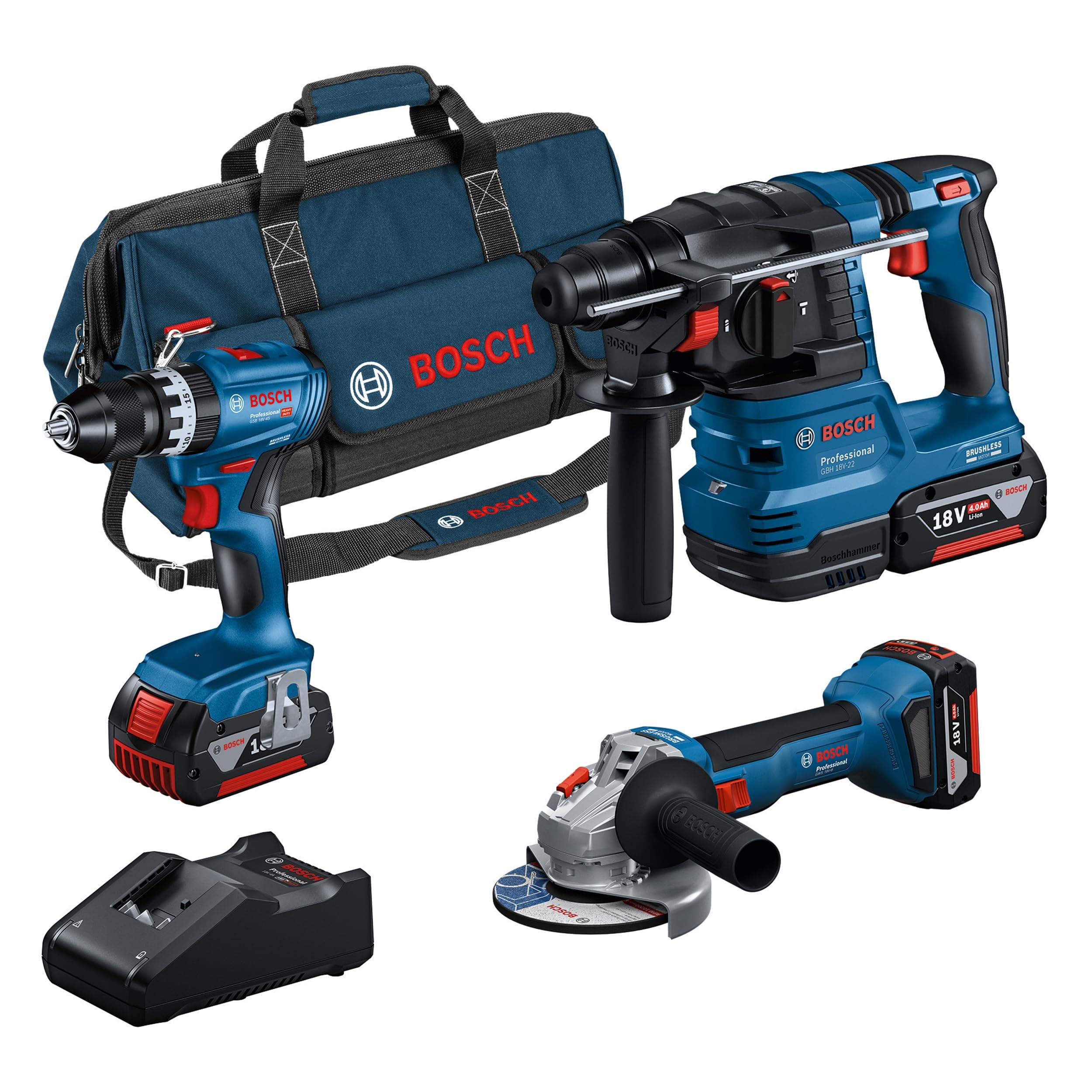 Bosch Professional 18V System combo-kit sans-fil : GSB 18V-45 + GBH 18V-22 + GWS 18V-8 (avec 3 batteries GBA 4.0Ah, GAL 18V-40, sac à outils) - Édition Amazon Exclusive