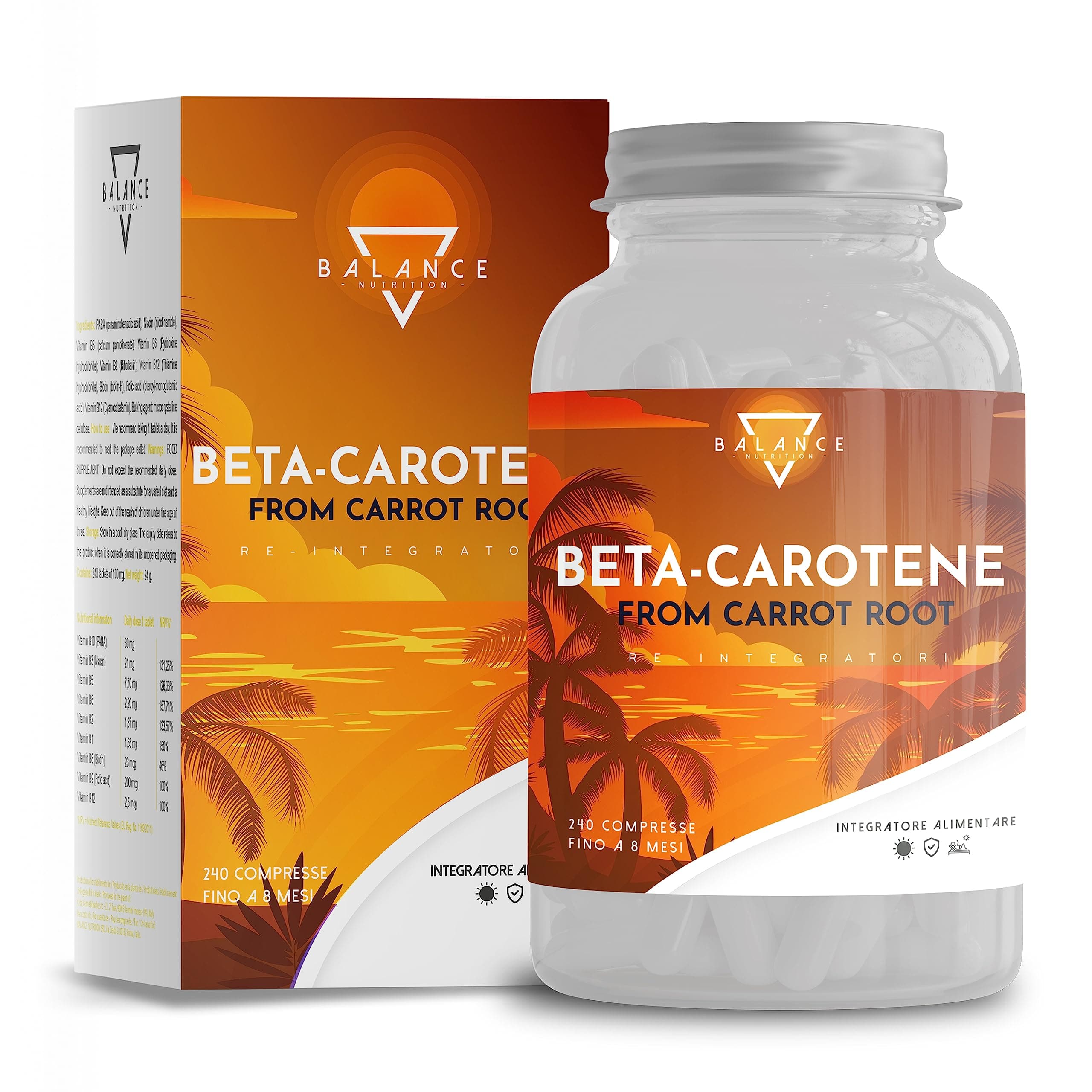 BETACAROTENE ABBRONZATURA FORTE - 240 COMPRESSE (Scorta 8 mesi) | Betacarotene per Abbronzatura Forte | da Estratto di Carota | Integratore Melanina Naturale | Made in Italy