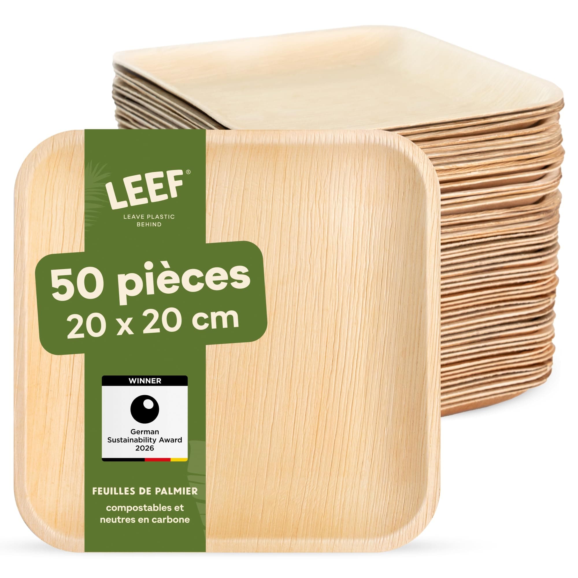 Leef® assiette jetable en palmier [50pcs | 20 cm] assiette barbecue comme décoration d'anniversaire [carré] assiettes plates alternative aux assiette plastique reutilisable comme vaisselle jetable