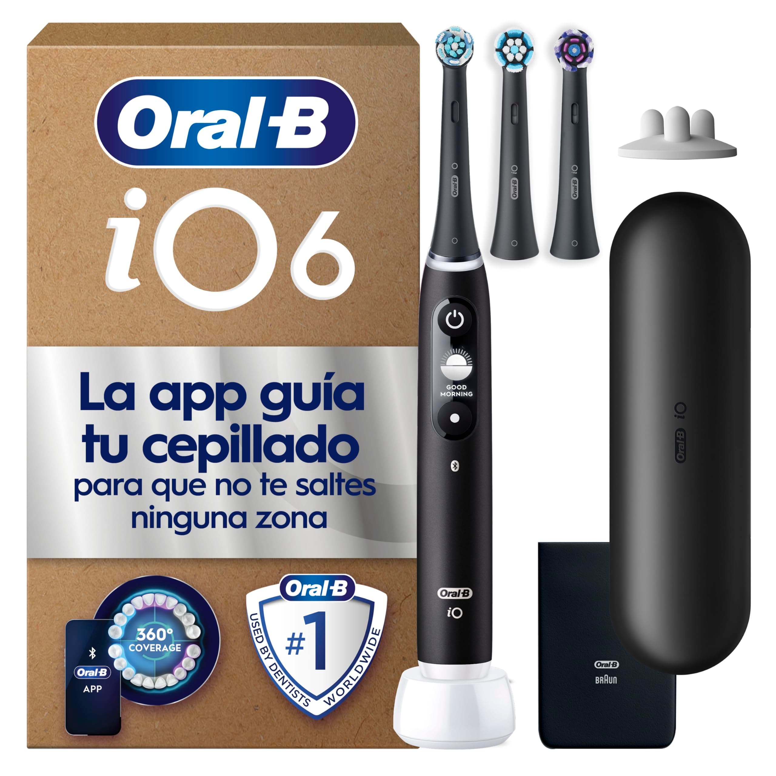 Oral-B iO 6 Cepillo De Dientes Eléctrico Negro con Mango Recargable, 3 Cabezales, 1 Estuche De Viaje, 5 Modos De Cepillado Con Blanqueamiento Dental, Sensor De Presión, Diseñado Por Braun