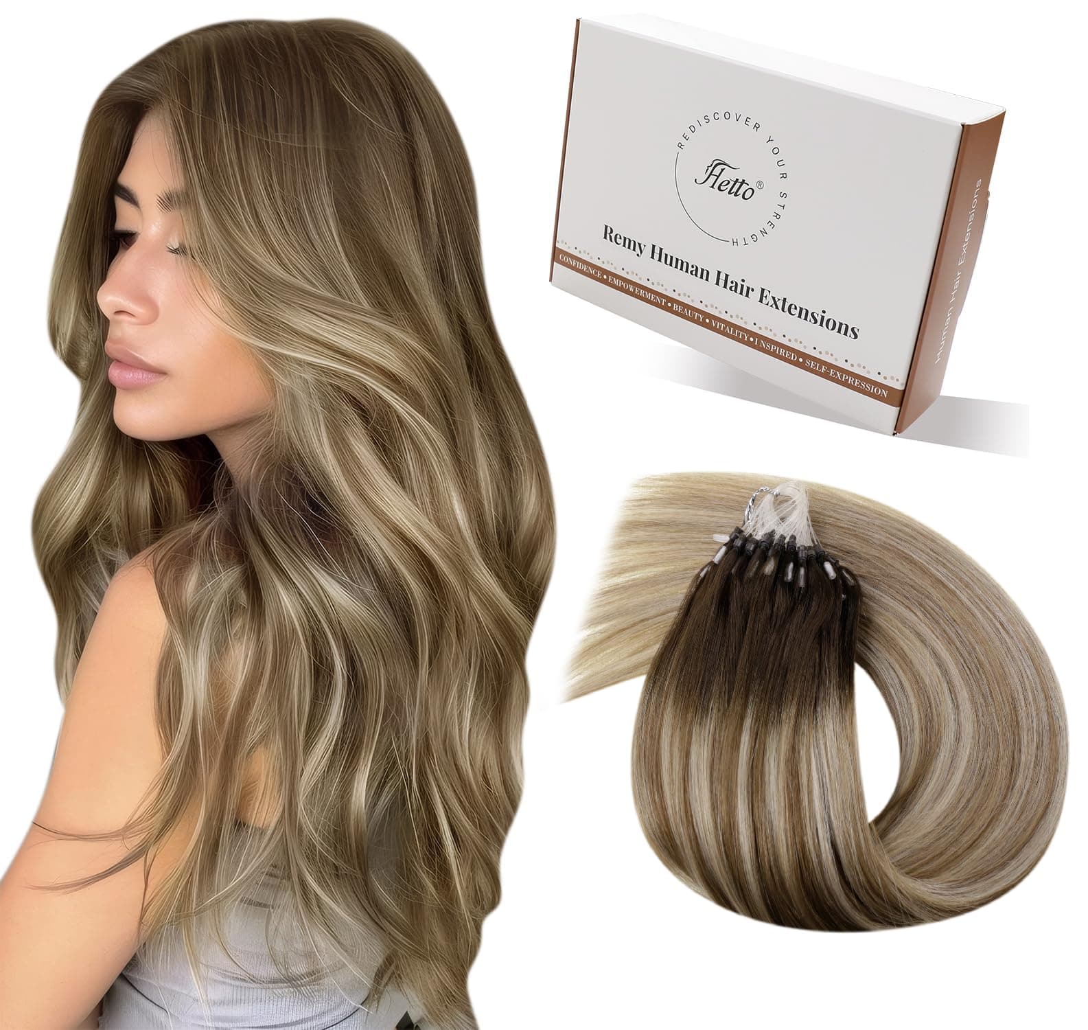 Hetto Extensions Cheveux Micro Rings – Balayage Brun Foncé Vers Blond Clair – Intérieur Silicone Anti-Glisse – Invisible, Sans Colle – Tenue jusqu’à 3 Mois, Longueur & Volume 50 Meche 50g 45cm