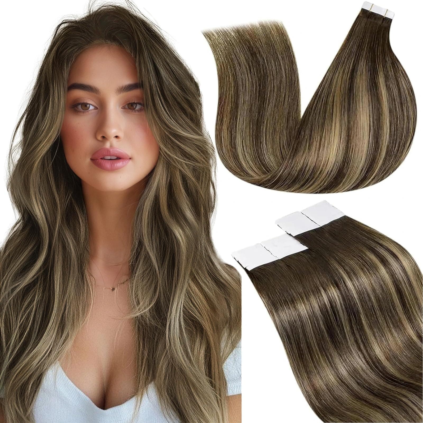LaaVoo Extension Capelli Veri Biadesivo 55cm Balayage Marrone Scuro Mix Biondo Caramello Extension Biadesive Umani Lisci Remy Lunghi Invisibile Adesive 20pz 50g #4/27/4