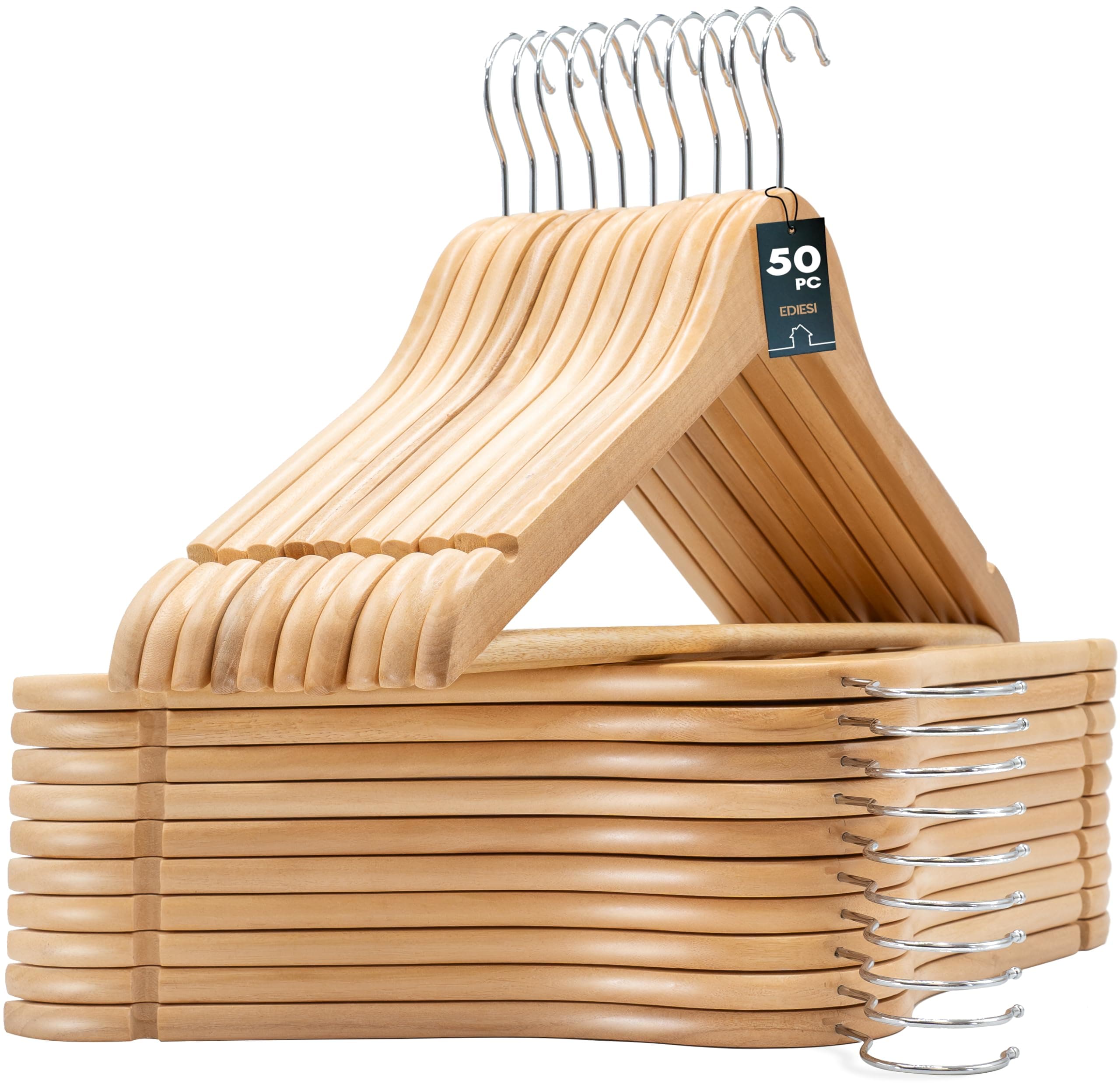 edihome, Grucce Legno, Confezione da 50, Appendiabiti con Scanalature su Spalle, Gancio Girevole a 360° e Barra Portapantaloni Antiscivolo, per Completi Camicie Cappotti (Legno, 50 unità)