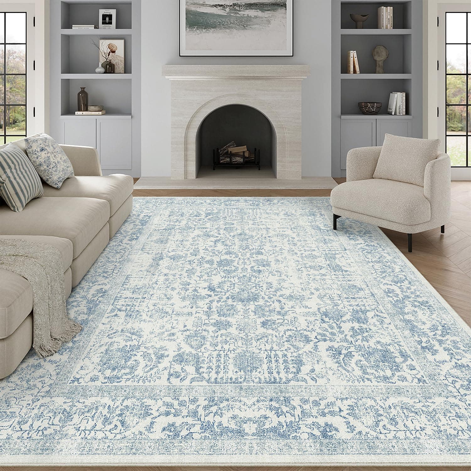 HUGEAR Bleu Tapis De Salon Lavable en Machine Tapis Chambre Adulte Grand Tapis Salon 240x300cm Doux Vintage Descente de Lit AntidéRapant Decoration Chambrel Manger