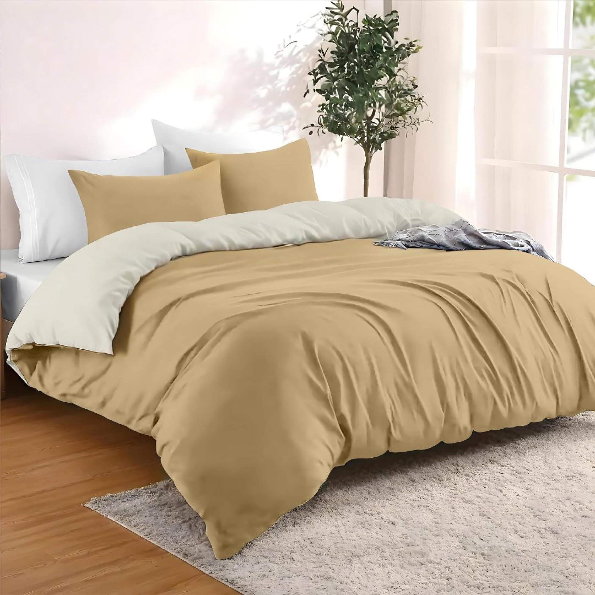 Dreamzie - Housse de Couette 260x240 cm avec 2 Taie Oreillers 65x65 cm - Beige/Sable - Parure de Lit 260x240 en 100% Microfibre - 3 Pièces - Certifié sans Produits Chimiques (Oeko TEX)