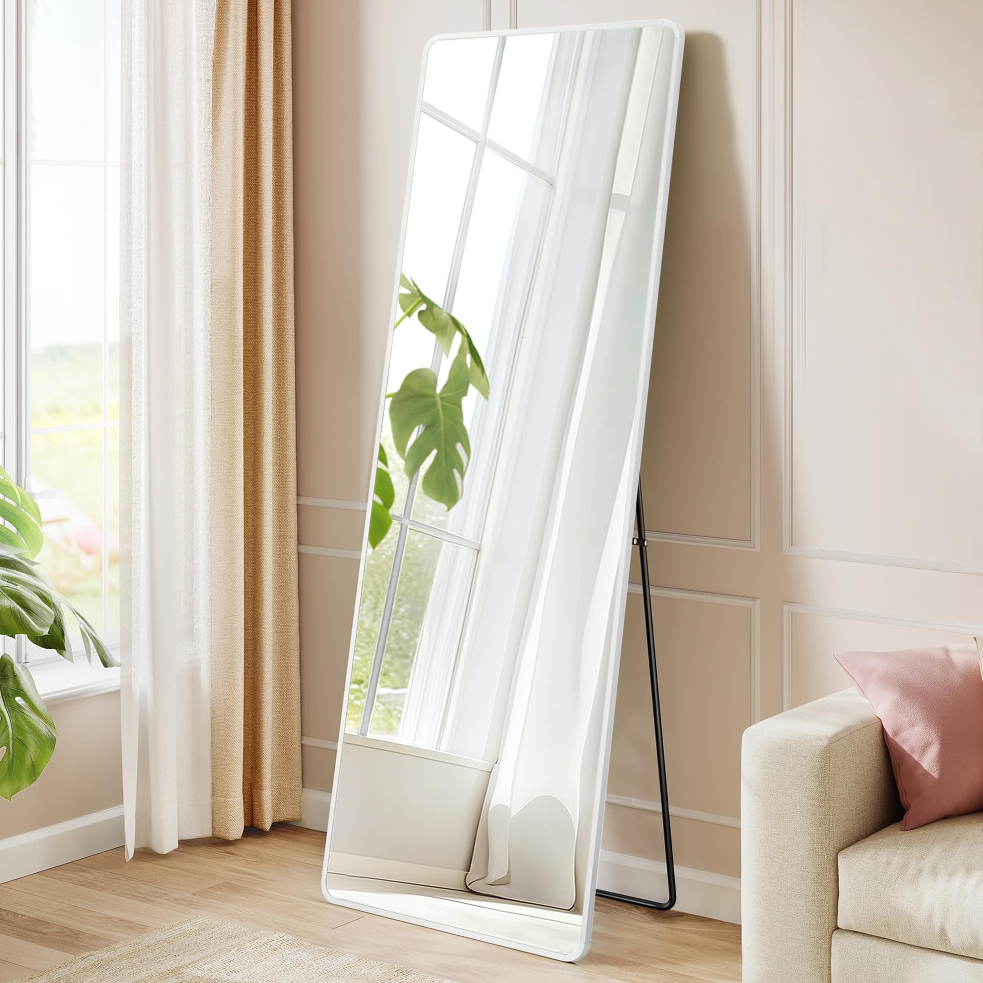 SONGMICS Ganzkörperspiegel, 160 x 50 cm, rechteckiger Standspiegel, Rahmen aus Aluminiumlegierung, Hartglas, für Schlafzimmer, Wohnzimmer, Garderobe, mattweiß LFM030WC01