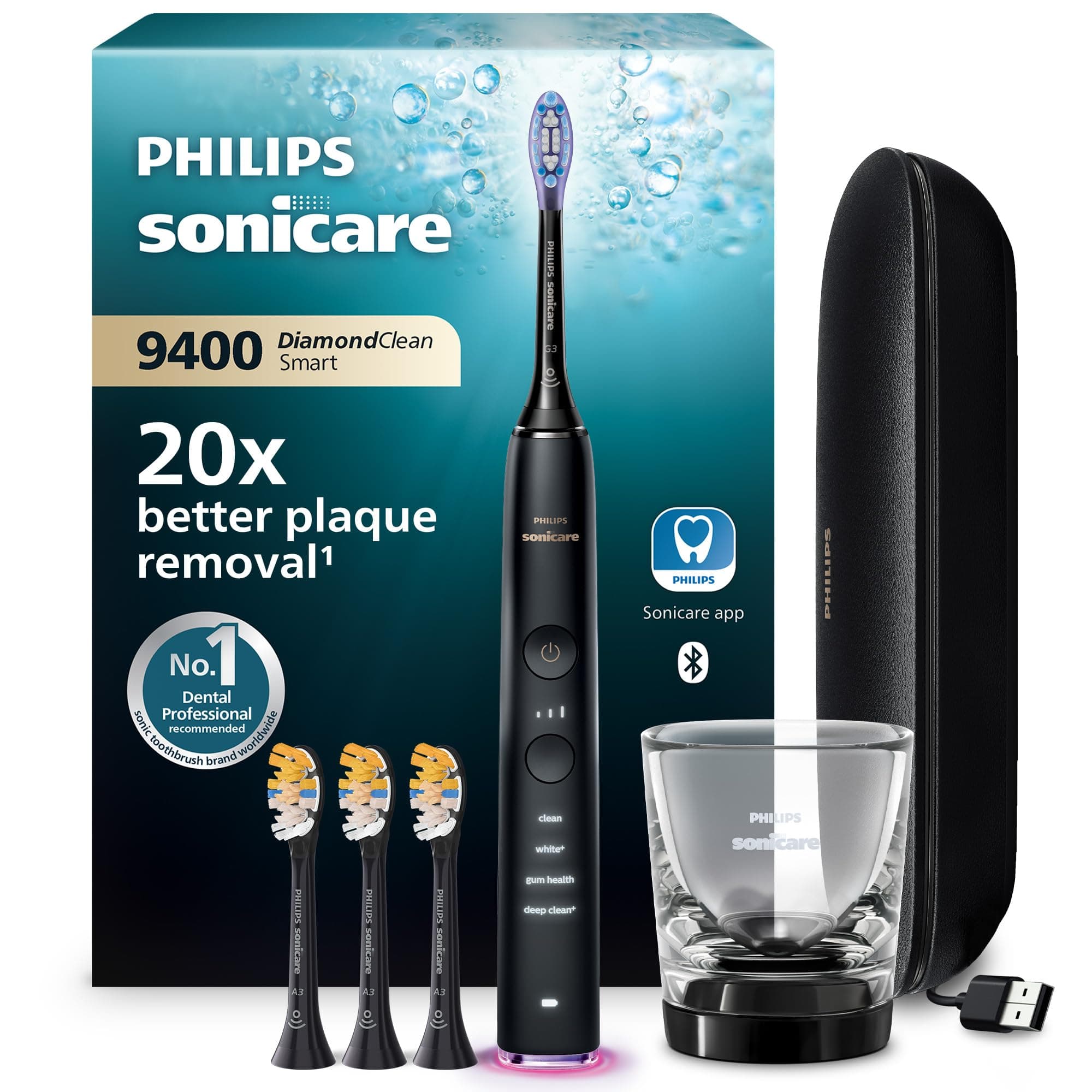 Philips Sonicare DiamondClean Smart 9400 cepillo dental eléctrico, sónico con aplicación, sensor de presión, 4 modos de cepillado y 3 niveles de intensidad, negro, modelo HX9918/89
