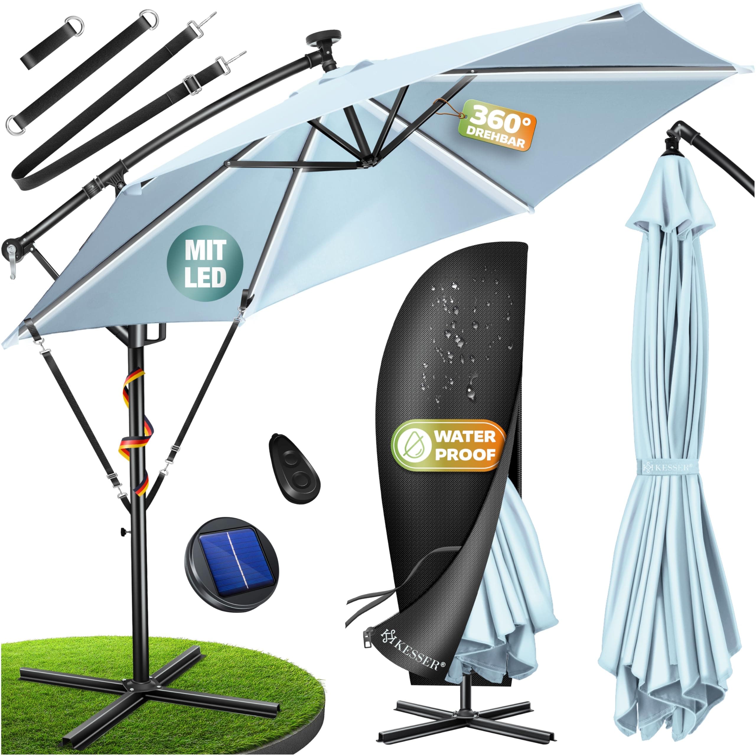 KESSER® Alu Ampelschirm LED Solar Inkl. Abdeckung Fernbedienung & Kurbelvorrichtung Kurbelschirm mit Ständer 360° Funktion UV-Schutz Aluminium Wasserabweisend