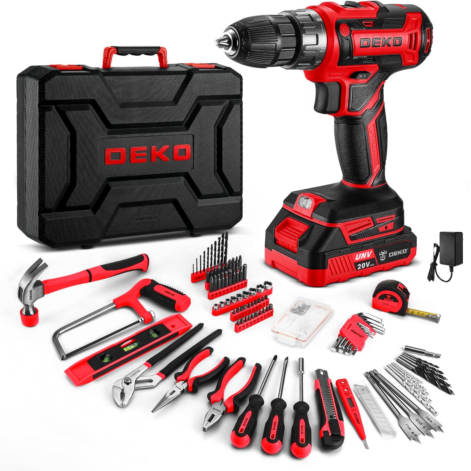 DEKO Caja Herramientas Completa con Destornillador Electrico/Taladro con bateria de 20V, Maletin de 186 Piezas Rojo, Caja profesional de herramientas Domésticas de Bricolaje para Oficinas y Jardín