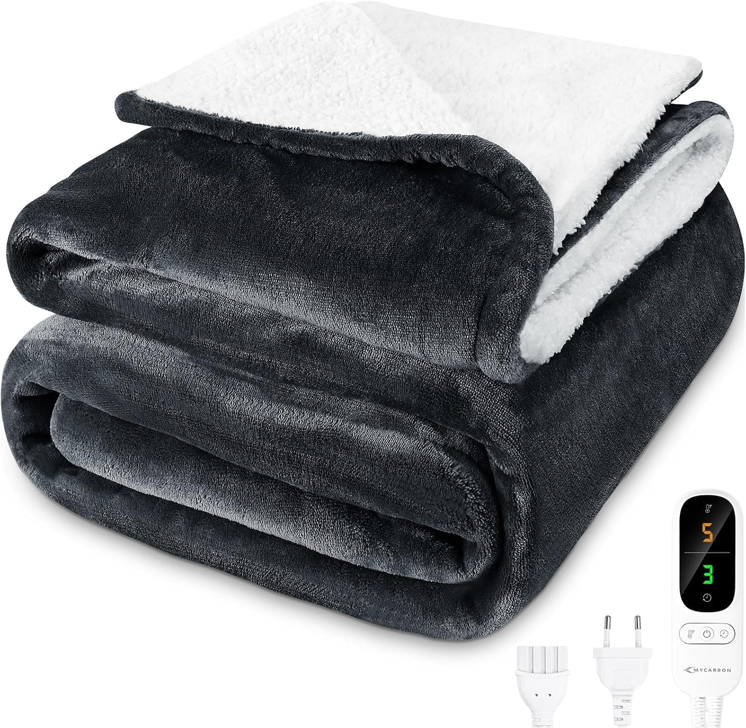 MYCARBON Couverture Chauffante Plaid Chauffant Électrique pour Canapé, Lit | 180x160cm, 2 Places, Arrêt Automatique, 6 Niveaux de Chaleur, 9h Timer, Protection Contre la Surchauffe, Lavable en Machine