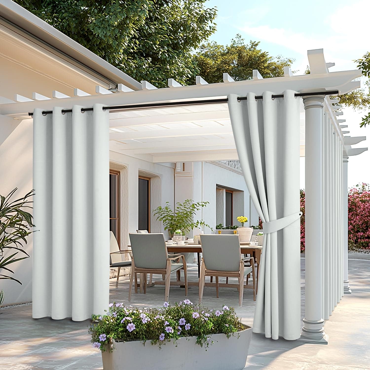 MIULEE Cortinas de Exterior Impermeable, Cortinas Terraza Exterior con Ojales, Adecuada para Balcones, Pérgolas, 2 Piezas, 132x245cm, Blanco Gris