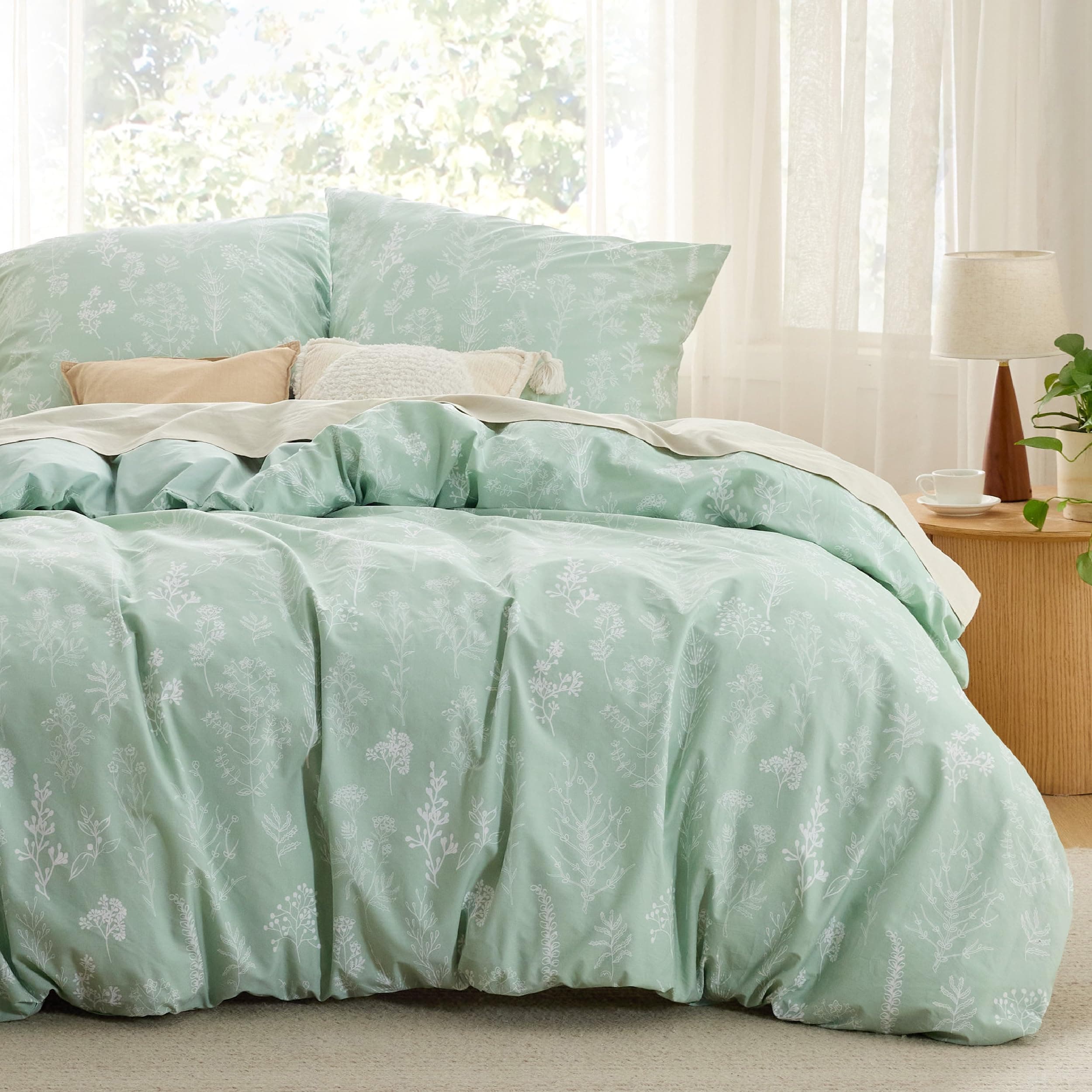 BEDSURE Bettwäsche 200x200 Baumwolle Grün - Bettwäsche-Sets 200 x 200 cm Bettbezug 3teilig mit 2 Kissenbezüge 80x80 cm, ÖKO-TEX Wendebettwäsche Bedding Pflanzen Blumen Muster mit Reißverschluss