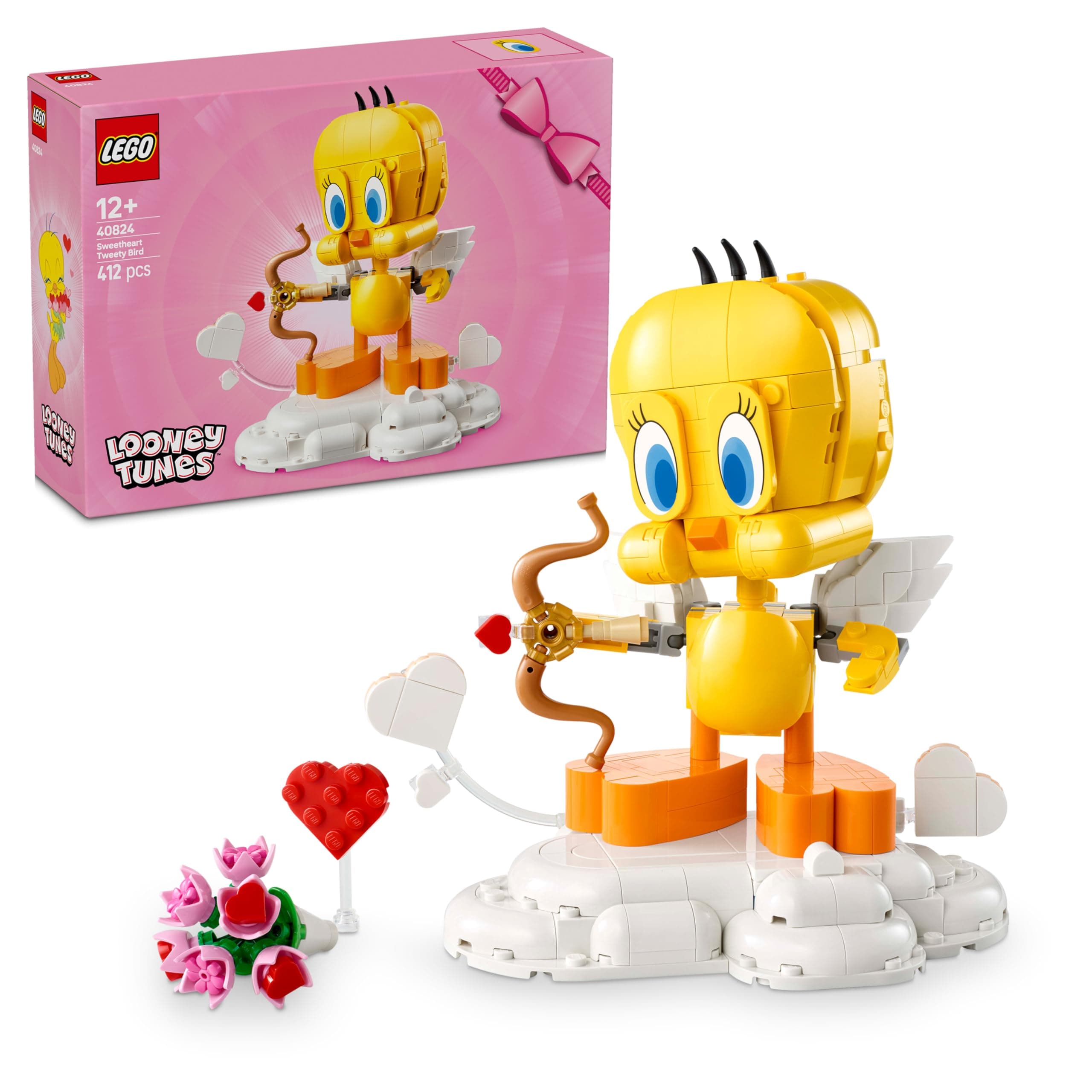 LEGO Looney Tunes Liebesbote Tweety - Modellbau zu Looney Tunes mit Zubehör - Blumenstrauß, Herz, Amor-Bogen & Wolkenständer - Kreatives Geschenk für Mädchen & Teenager ab 12 Jahren - 40824