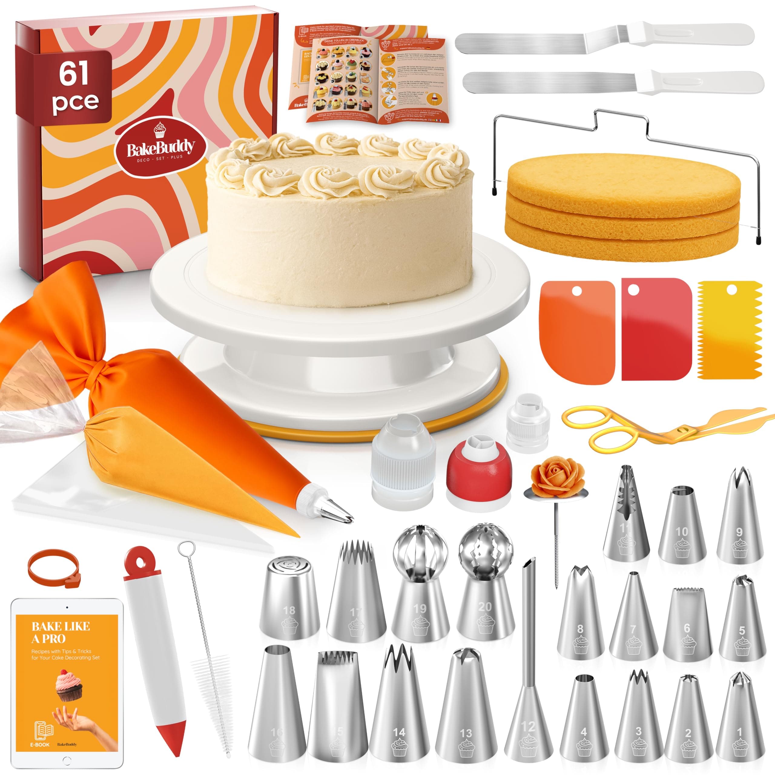 BakeBuddy Kit Pâtisserie Professionnel (61 pièces) – Plateau tournant pâtisserie avec douilles, poches à douille, spatules, palettes et nombreux ustensiles de pâtisserie