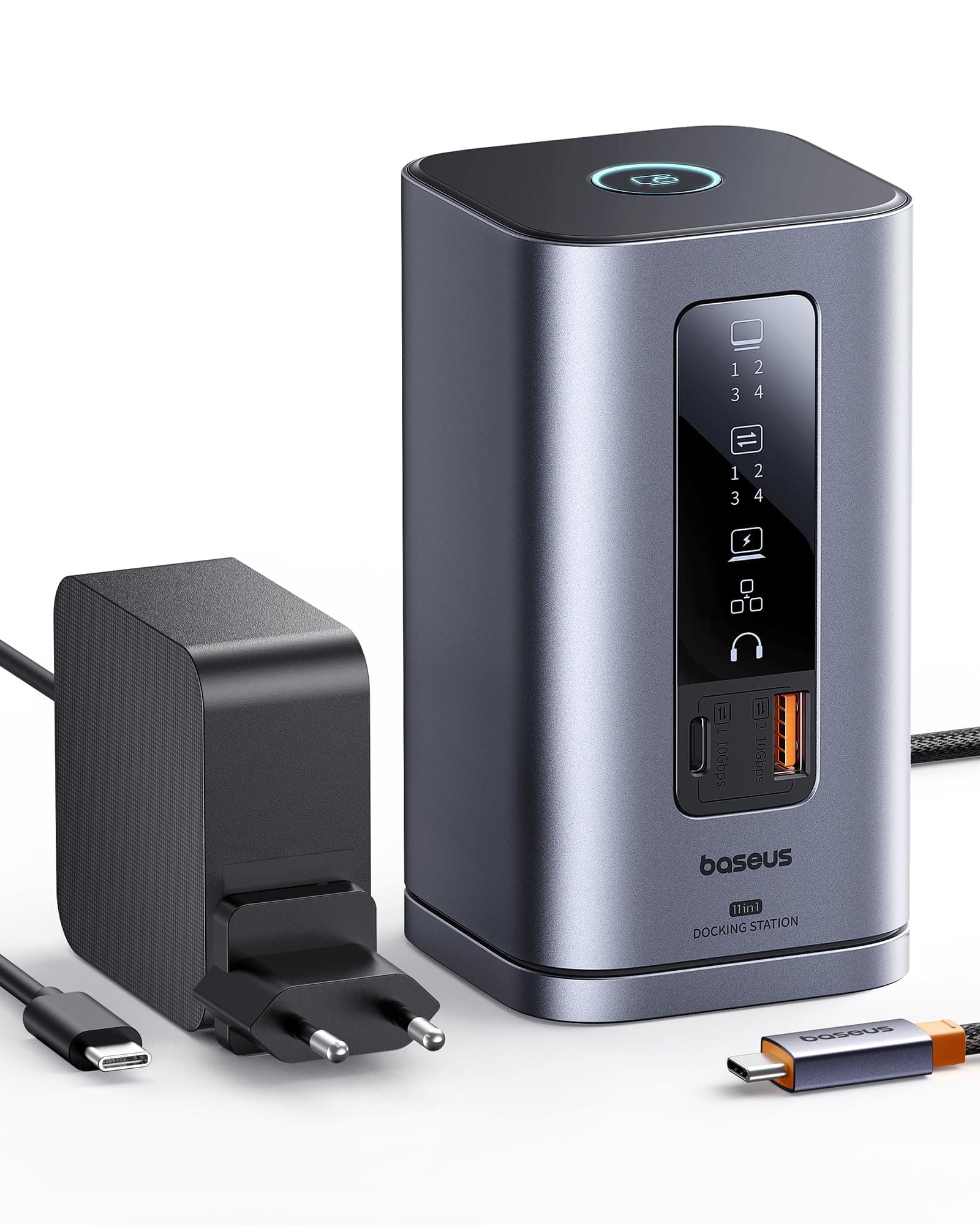Baseus Spacemate 11 en 1 Docking Station con Adaptador 3 Monitores para Windows, con Pantalla Inteligente, 4K HDMI/DP, 10Gbps USB-C/A, 100W PD, Ethernet, Audio, Compatible con HP/Lenovo/DELL/Acer