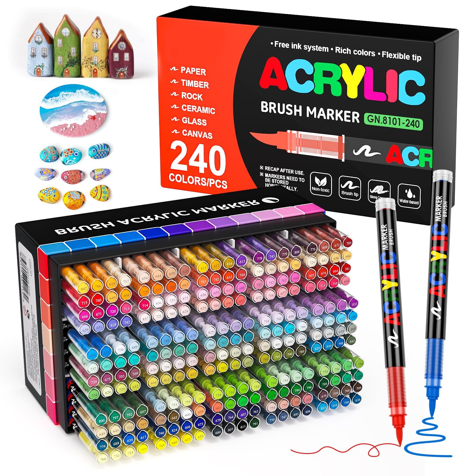 TrendGate 240 Couleurs Feutre Acrylique, Marqueur Peinture Acrylique Pinceau Pour Papier, Verre, Galet, Métal, Plastique, Bois, Oeuf, Céramique, Textile