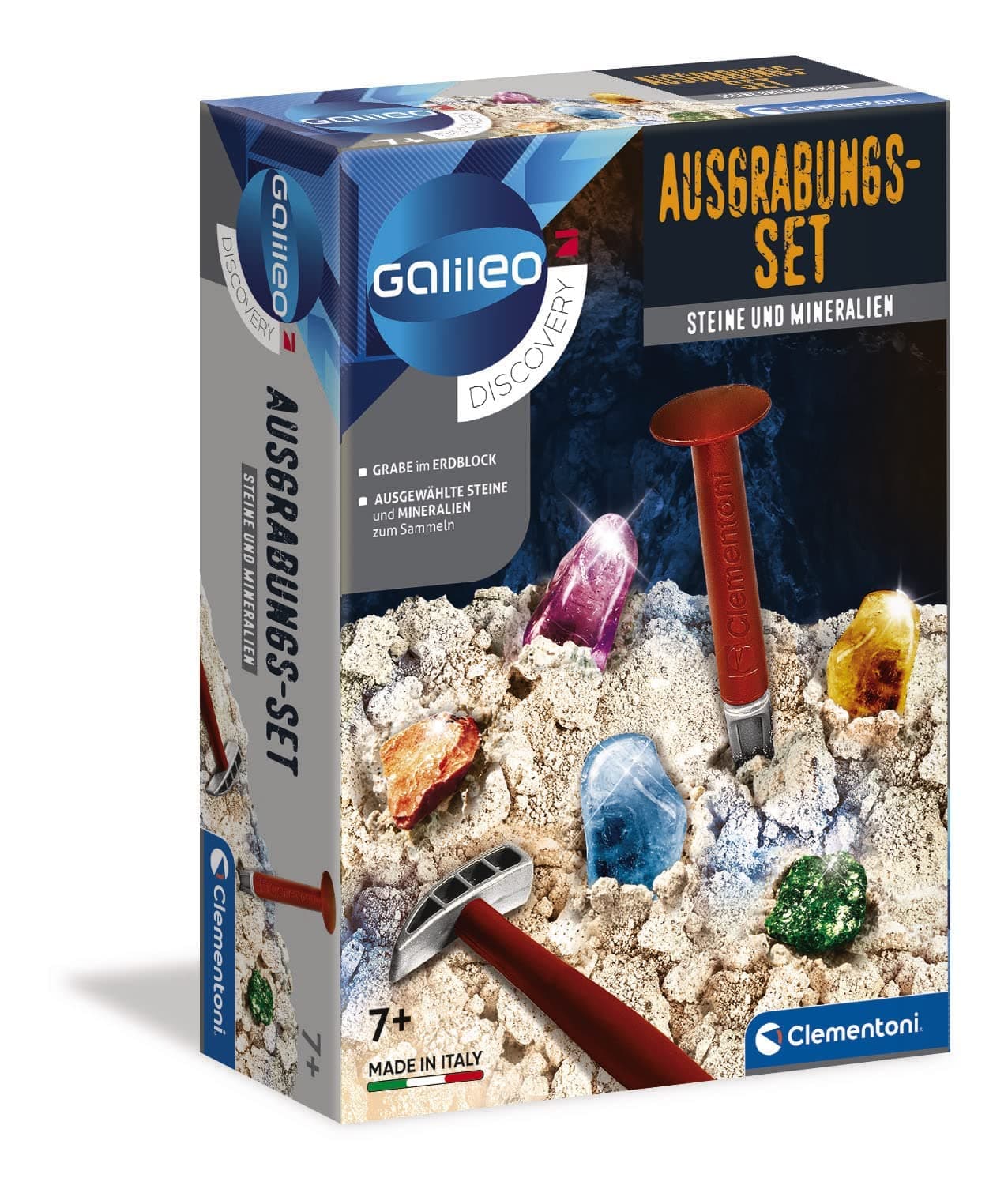 Clementoni Galileo Discovery – Ausgrabungs-Set Steine + Mineralien, Spielzeug für Kinder ab 7 Jahren, Ausgraben mit Hammer & Meißel, für kleine Forscher 69940