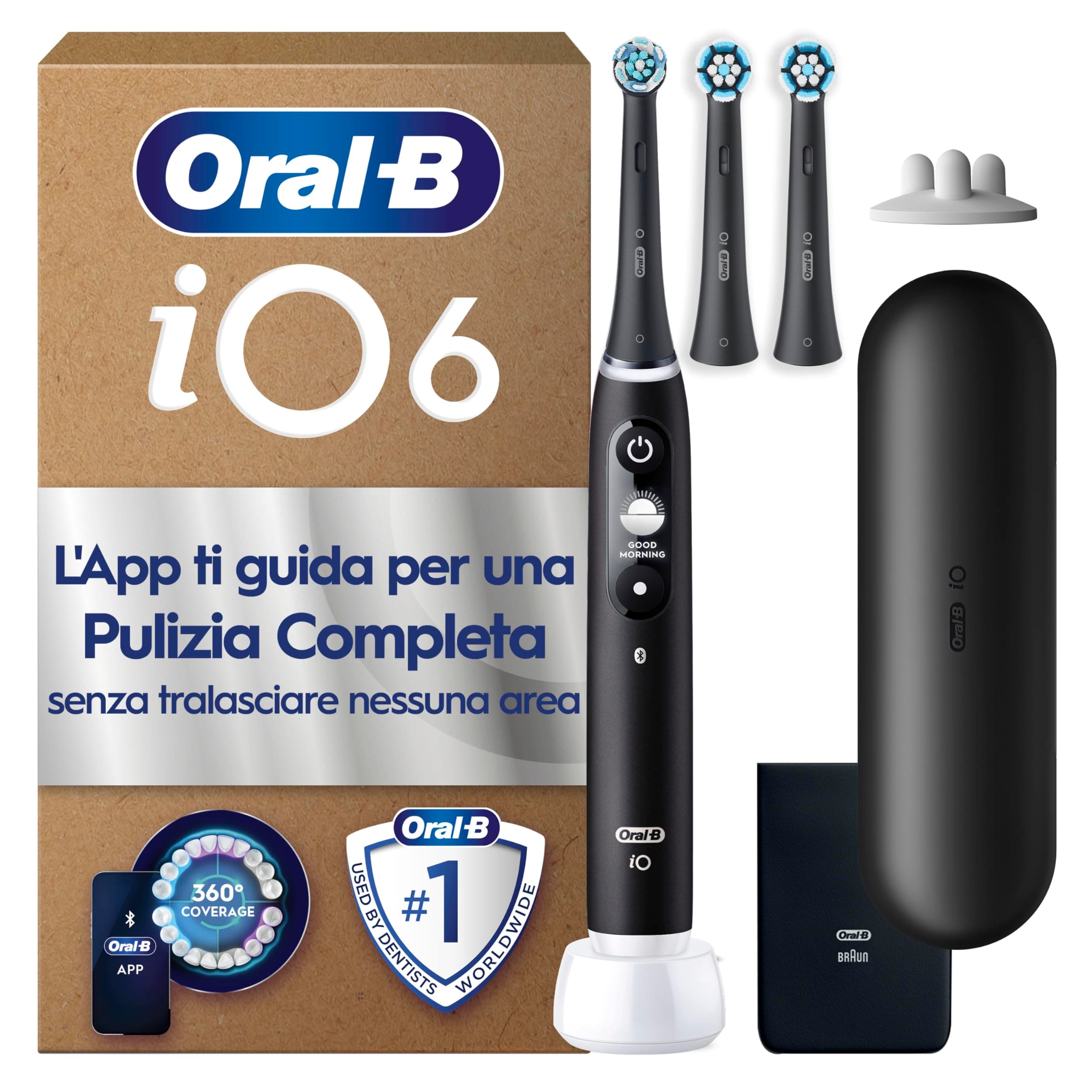 Oral-B iO 6 Spazzolino Elettrico Ricaricabile Nero, 3 Testine Di Ricambio, Custodia Da Viaggio. 1 Spazzolino Elettrico Oral B, 3 Testine Autentiche di Ricambio, Pulizia Denti Efficace