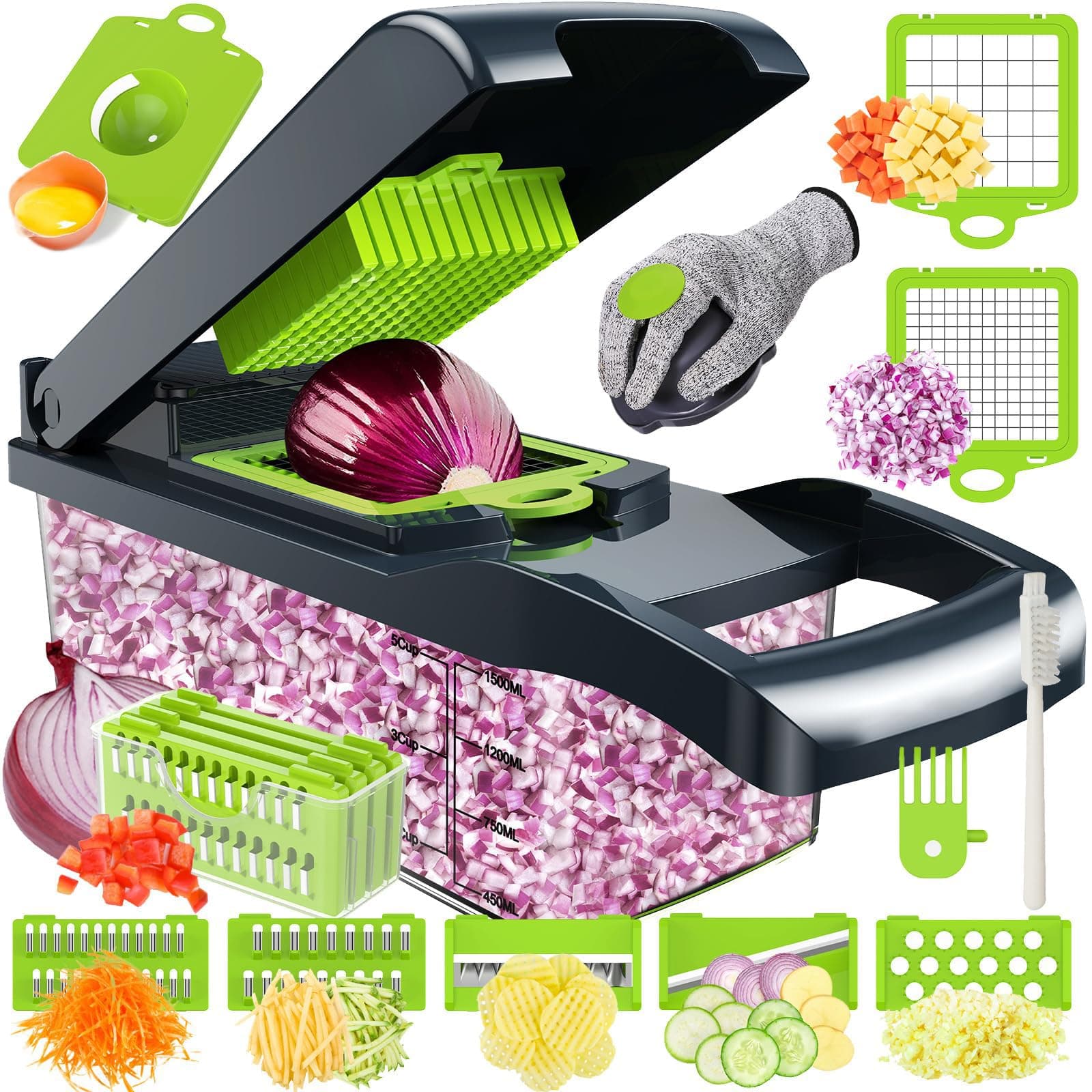 Coupe Legumes Multifonctions,16 En 1 Mandoline Cuisine,Coupe Legumes Manuel,Mandoline Professionnelle Cuisine,Decoupe Legumes avec 7 Lames Réglable,Coupe Legume pour Oignons Tomates Carotte Concombre