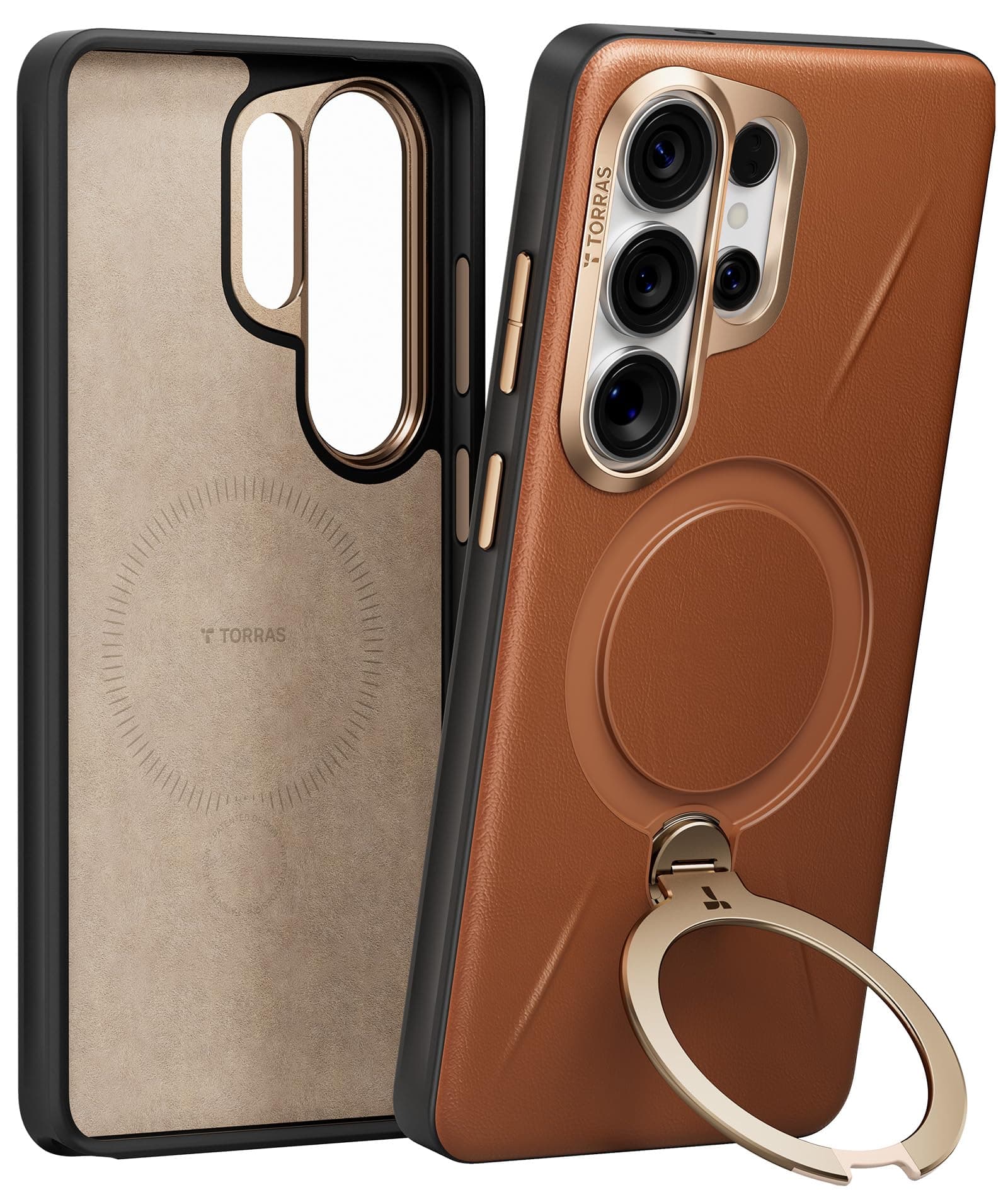 TORRAS Ostand Q3 VegSkin (Nachhaltig Silikonleder) für Samsung Galaxy S26 Ultra Hülle (360° Unsichtbarer Magnetständer) Premium Leder-Haptik Hülle Samsung S26 Ultra Case Edle Struktur, Braun
