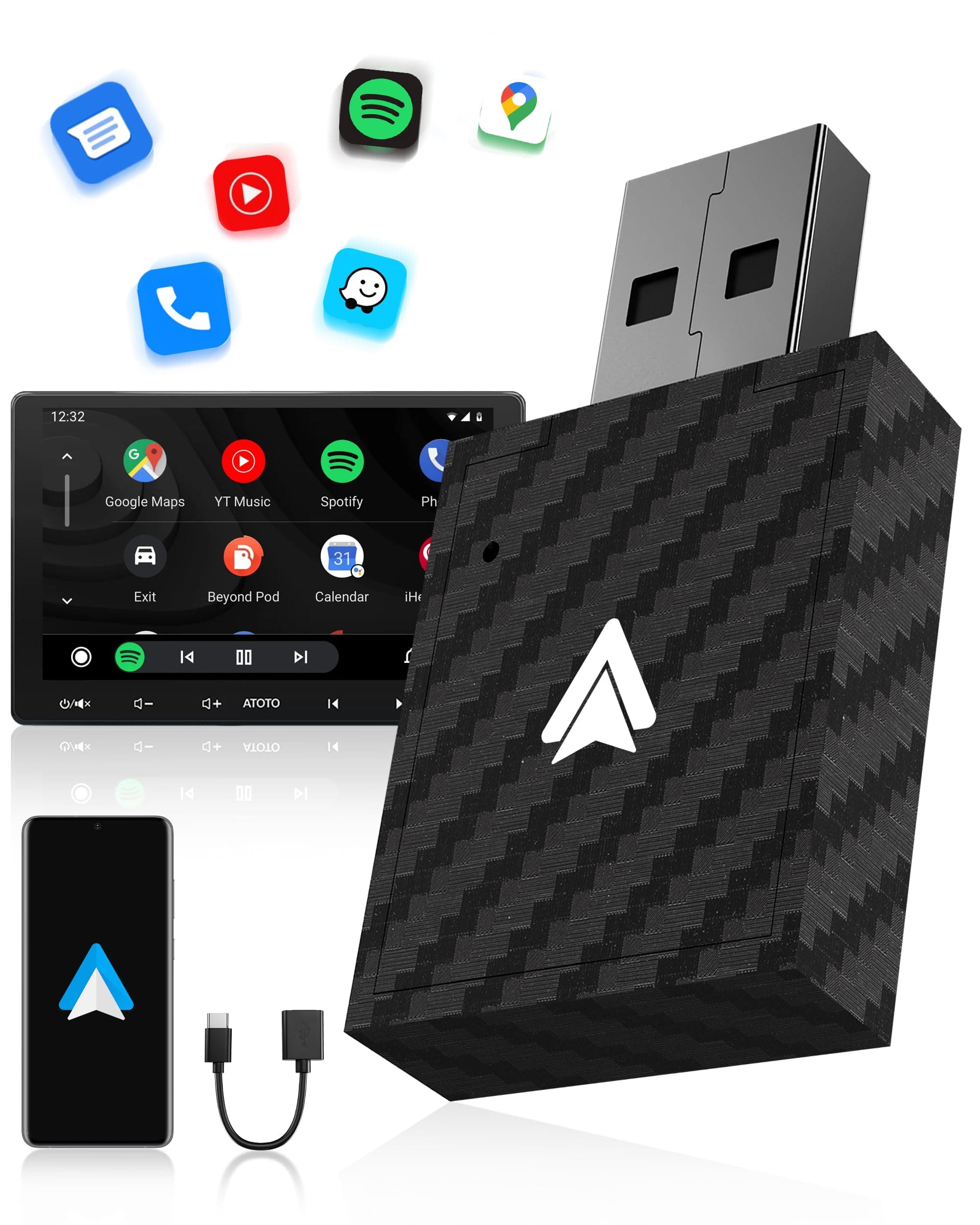 WityEye Adaptador Android Auto Inalámbrico, Bluetooth V5.3 Conexión Estable, 5.8GHz WiFi de Alta Velocidad, USB A/C, para Smartphone Android 11+, Convierte Conexión con Cable en Inalámbrica