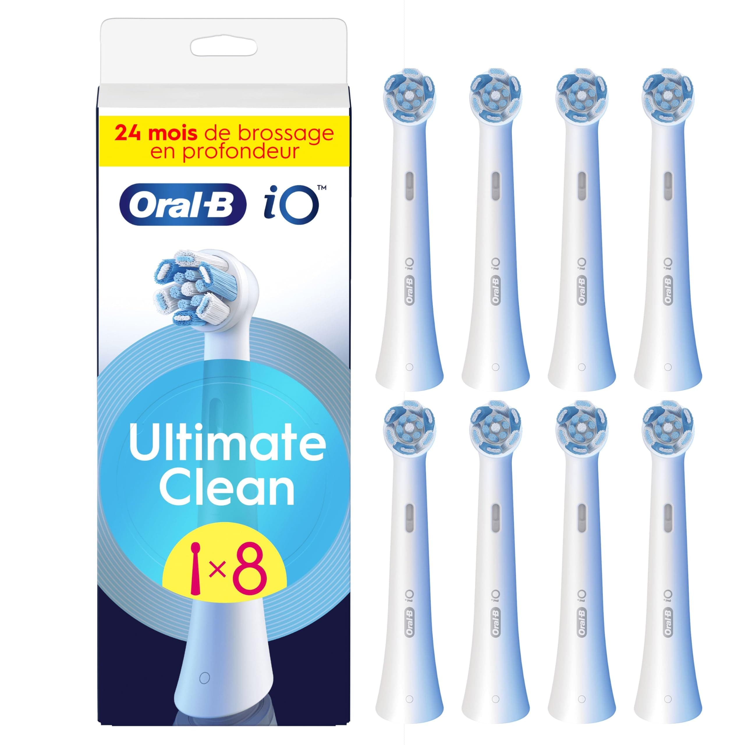 Oral-B Brossettes de Rechange Ultimate Clean, lot de 8, Blanches – Recharges Brosse à Dents Électrique iO pour Adultes, Tête Ronde pour un Brossage en Profondeur