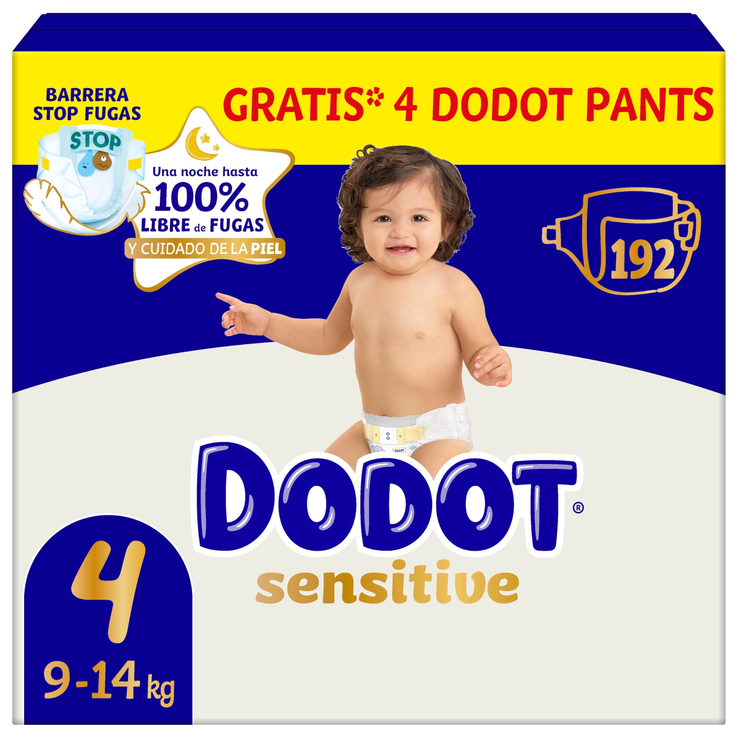 Dodot Pañales Bebé Sensitive, Talla 4 (9-14 kg), 192 Pañales + 4 Pants de Regalo, Hasta 12 h De Protección Antifugas y Cuidado de la Piel, Pack Mensual