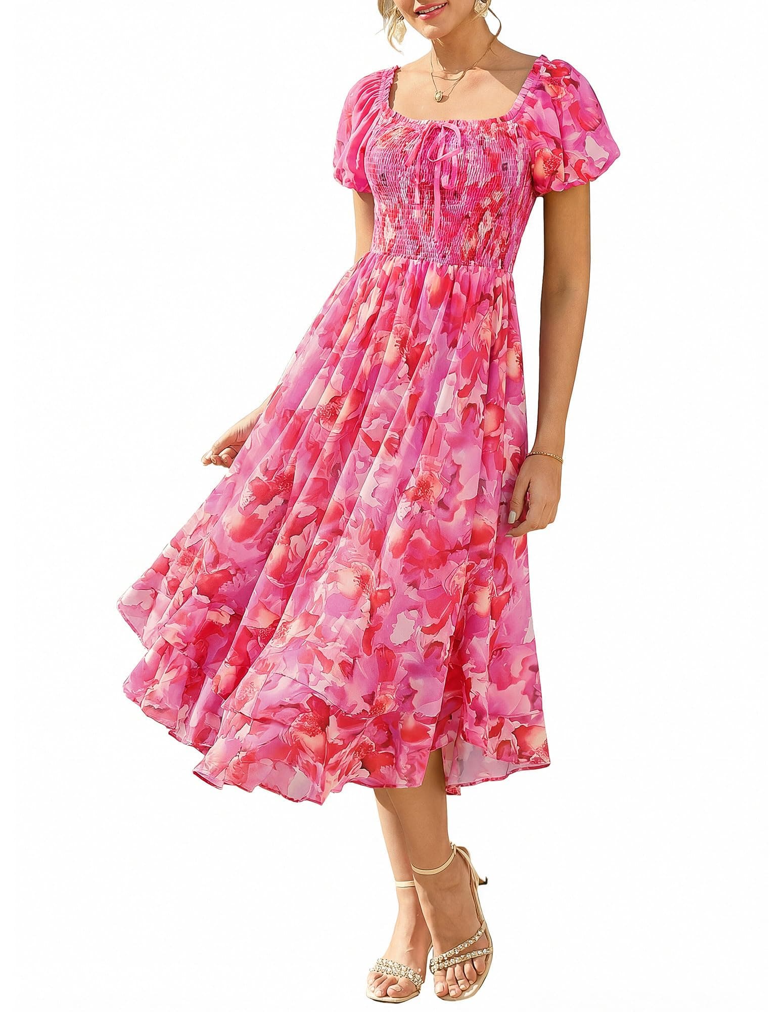 GRACE KARIN Damen Sommerkleid Puffärmel A-Linie Maxi Blumenkleid mit Taschen für Hochzeitsgäste Strand
