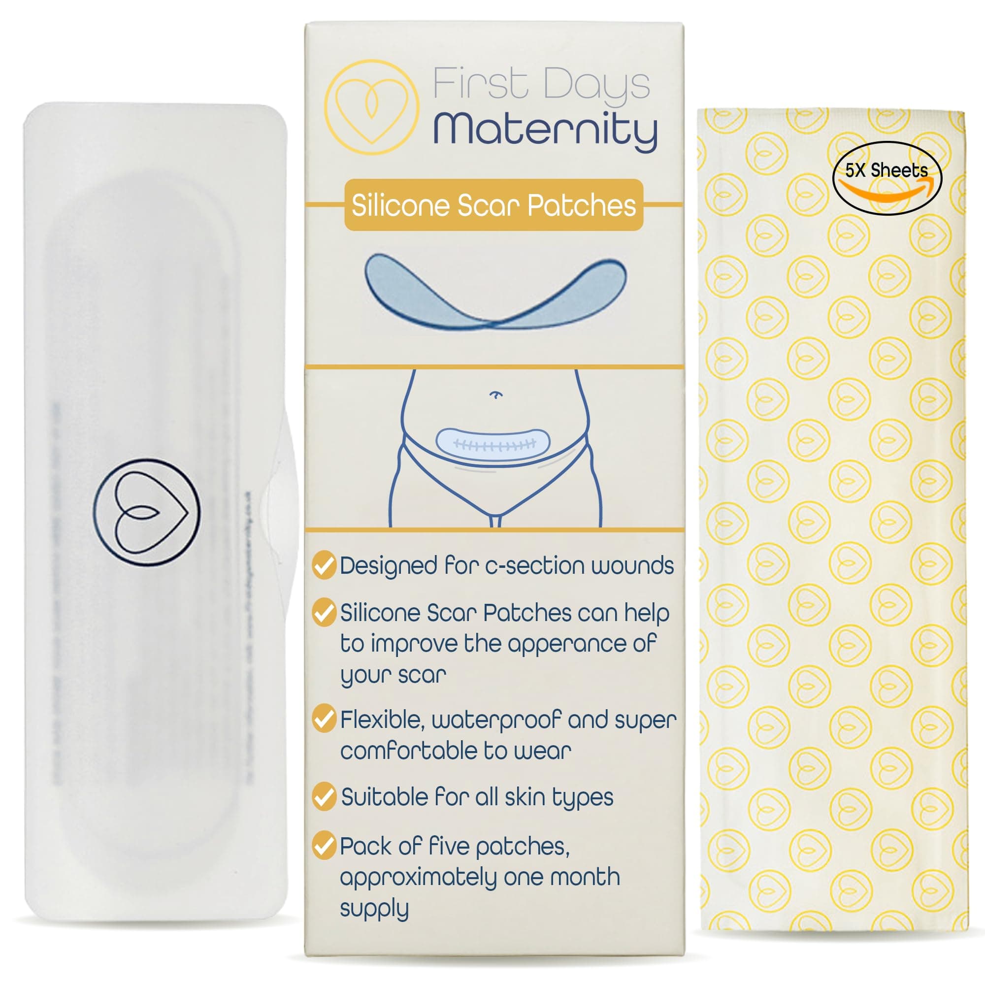 First Days Maternity: mejore la apariencia de una cicatriz de cesárea con parches de silicona para cómodos, impermeables y flexibles, adecuados para todo tipo de piel, paquete de 5 parches