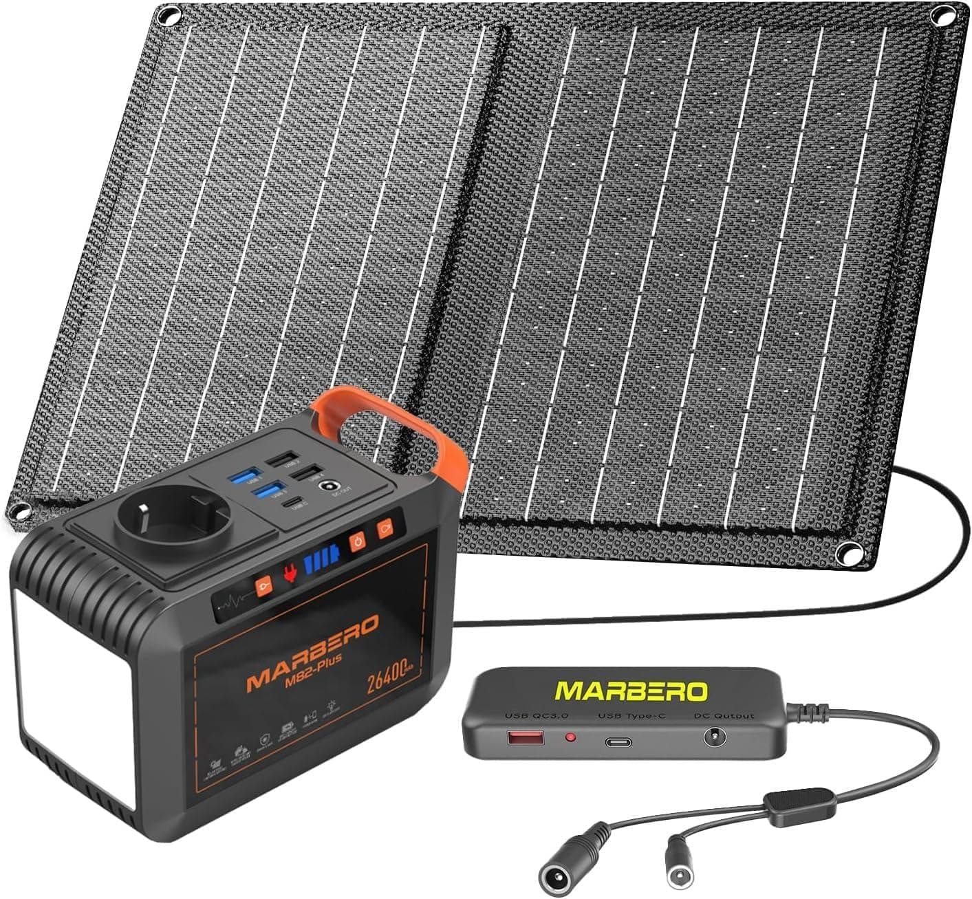 MARBERO Generatore Solare 26.400mAh con Connettore per Pannello Solare, Stazione di Ricarica Portatile con Pannello da 21W Incluso, Power Bank con Presa CA 120W (Picco) per Interruzioni di Corrente Do
