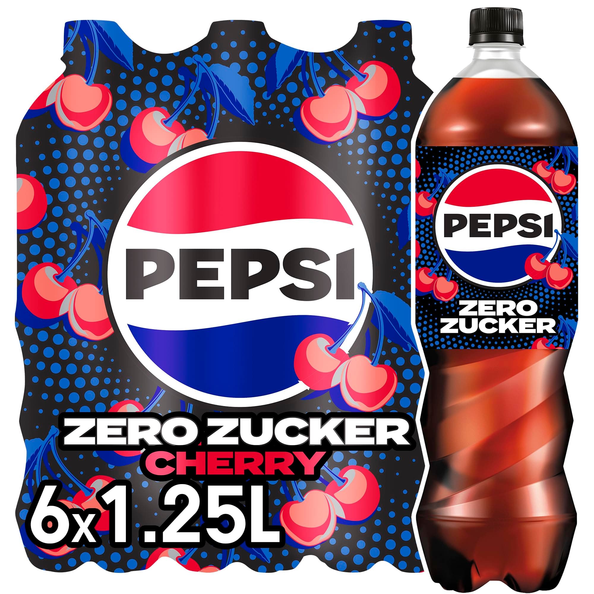 pepsi Zero Zucker Cherry, Das zuckerfreie Erfrischungsgetränk von Pepsi ohne Kalorien, Koffeinhaltige Cola mit Kirschgeschmack in der Flasche, EINWEG (6 x 1.25 l) (Verpackungsdesign kann abweichen)