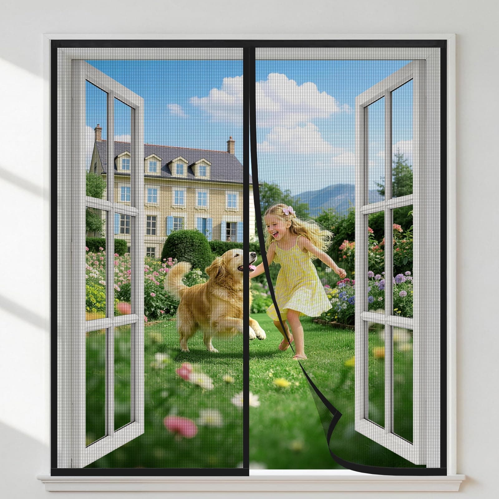 HALIDOOR Moustiquaire Fenêtre Magnétique 50x60 cm Noir, Rideau Anti-Moustique à Ouverture Centrale Fermeture Automatique, Sans Perçage, Fixation Velcro, Idéale pour Balcon, Chambre et Salon