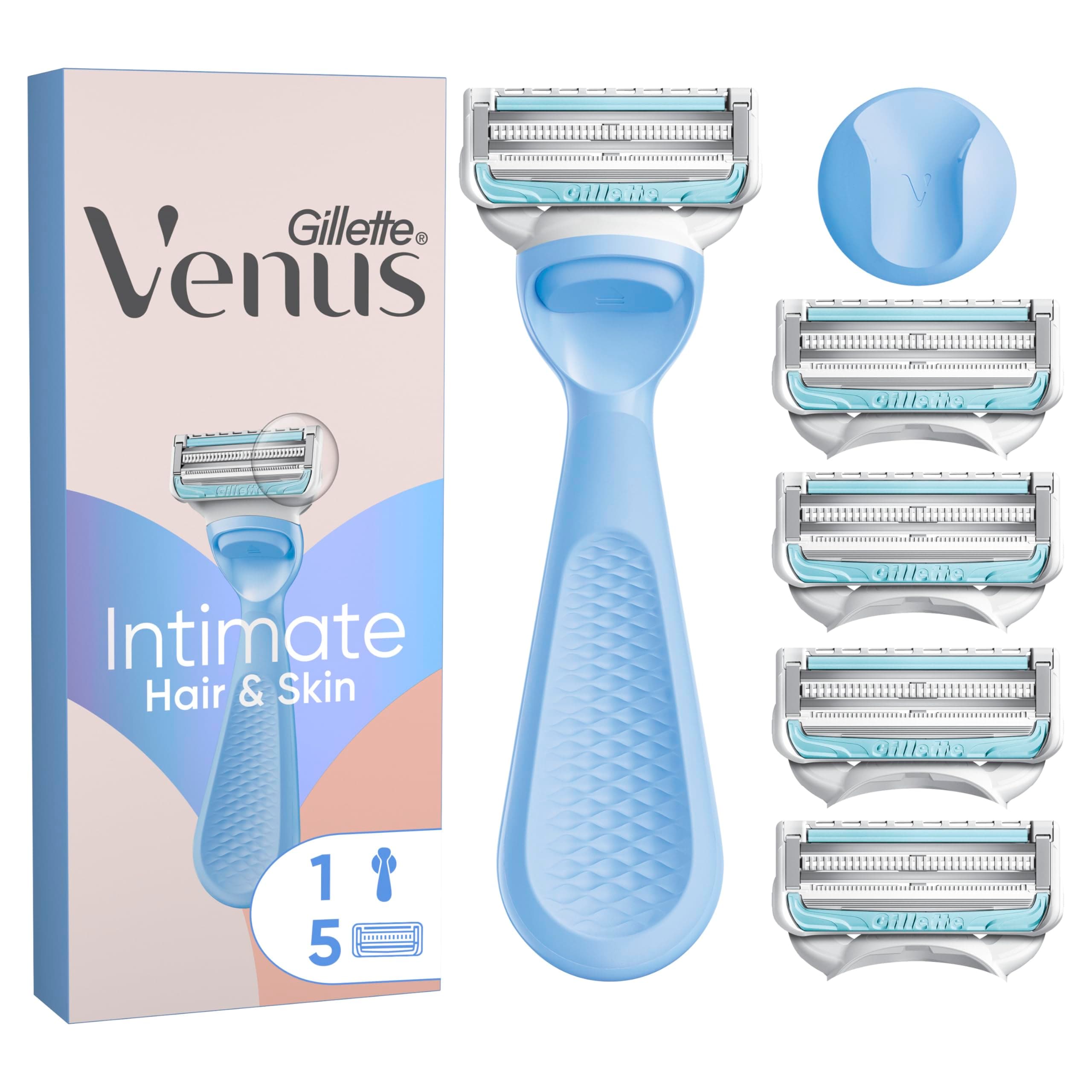 Gillette Venus Intimate rasoir maillot, manche bleu ergonomique réutilisable, 5 recharges de lames, tête plus petite conçue pour zones intimes et pour le rasage du pubis