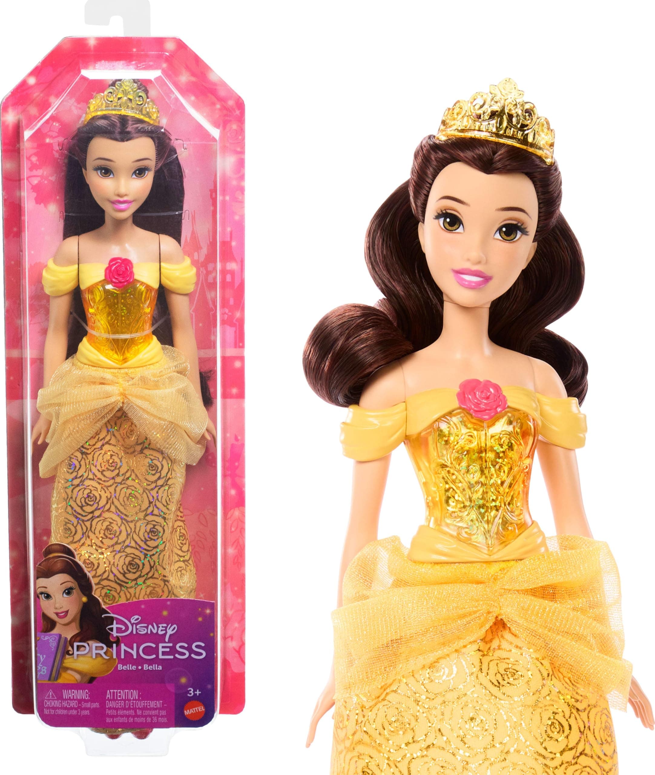 Mattel Disney Princess - Belle bambola con capi e accessori scintillanti ispirati al film, giocattolo per bambini, 3+ Anni, HLW11