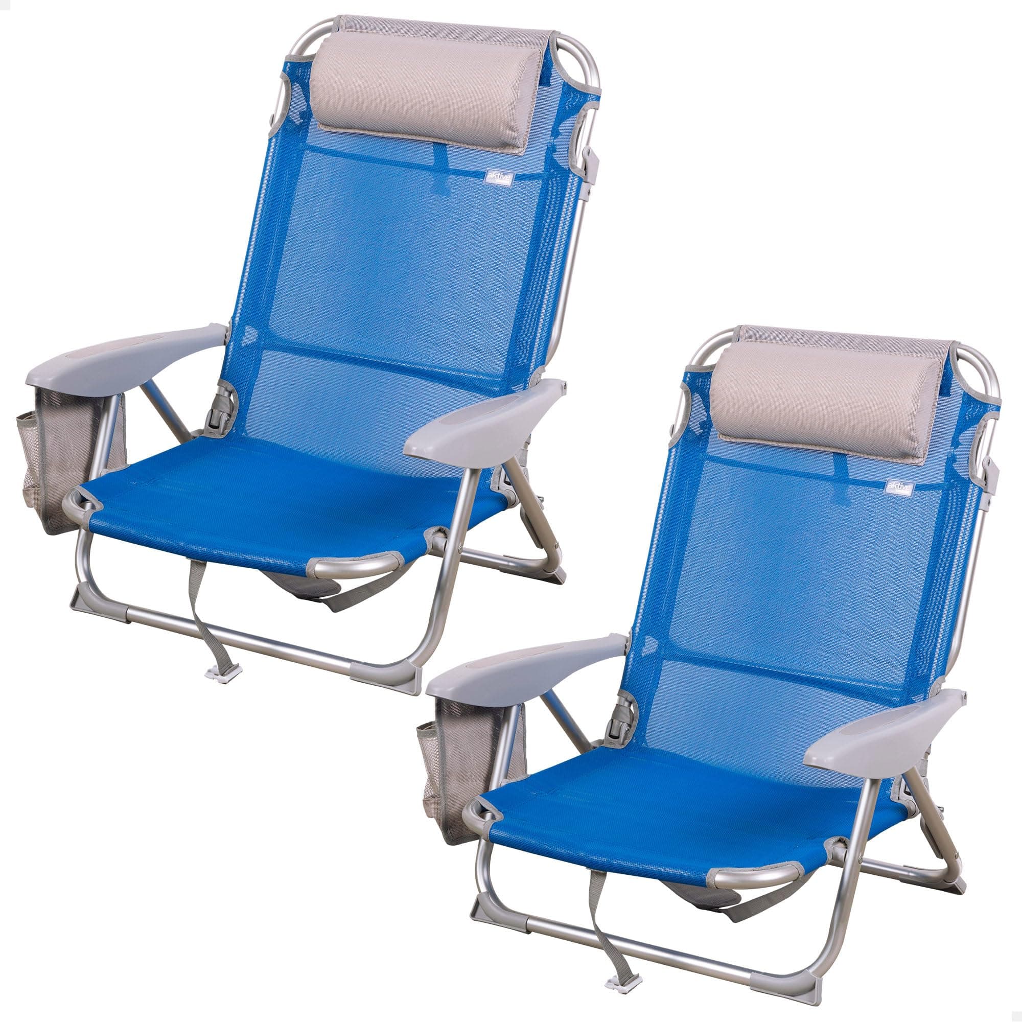 AKTIVE Pack 2 sillas Playa Plegables, 4 Posiciones, Azul, 51x45x76 cm, Incluyen cojín Acolchado, Bolsillo Lateral, Asas, Máximo 110 kg, Topes antivuelco, Multiposición, Respaldo reclinable (85480)