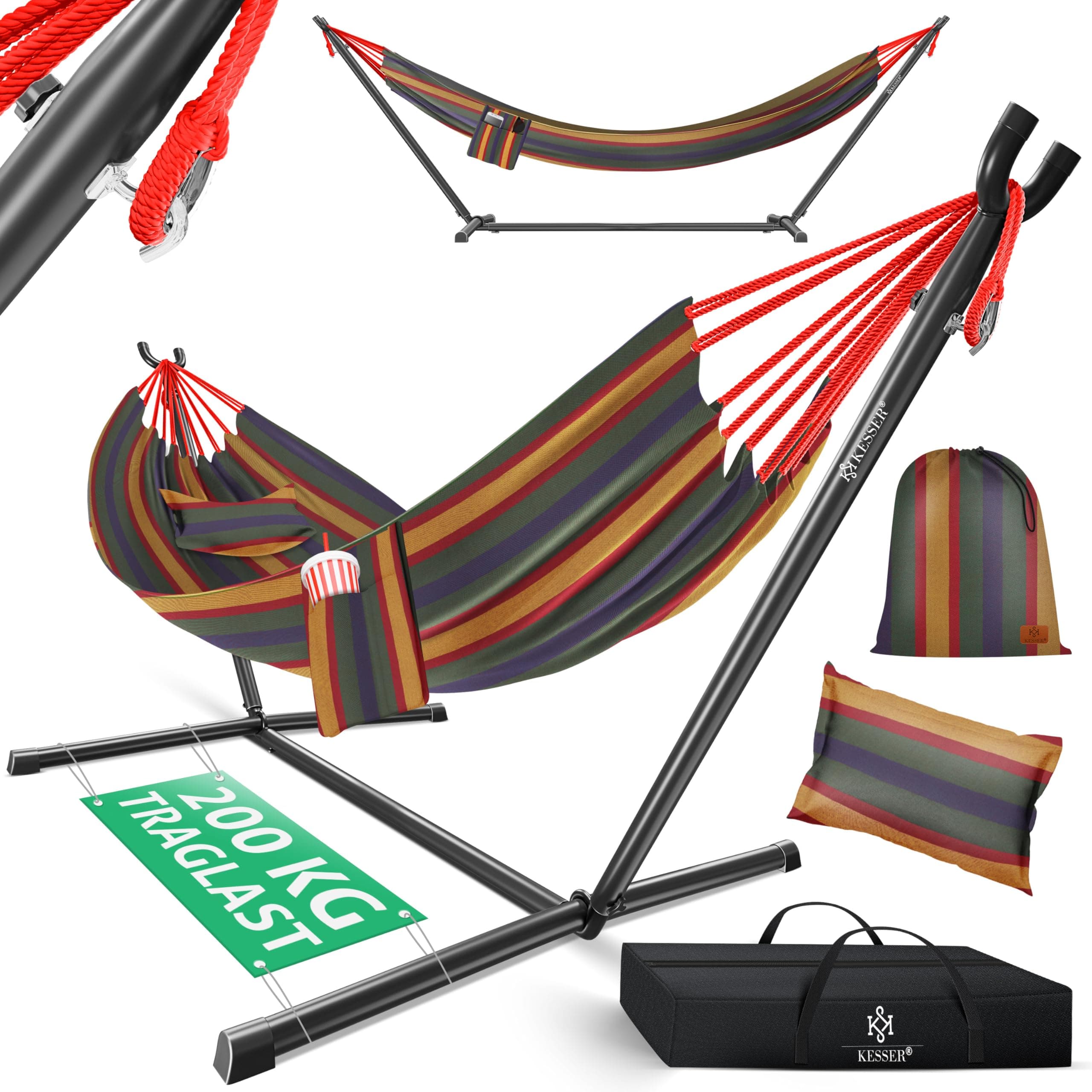 KESSER® Hängematte Lake mit Gestell, Doppel für 2 Personen, 200kg Belastbarkeit, Indoor & Outdoor, XXL Hängesessel, Garten, Pool, Balkon, Terrasse, Inkl. Kissen, Beutel & Tasche, Bunt