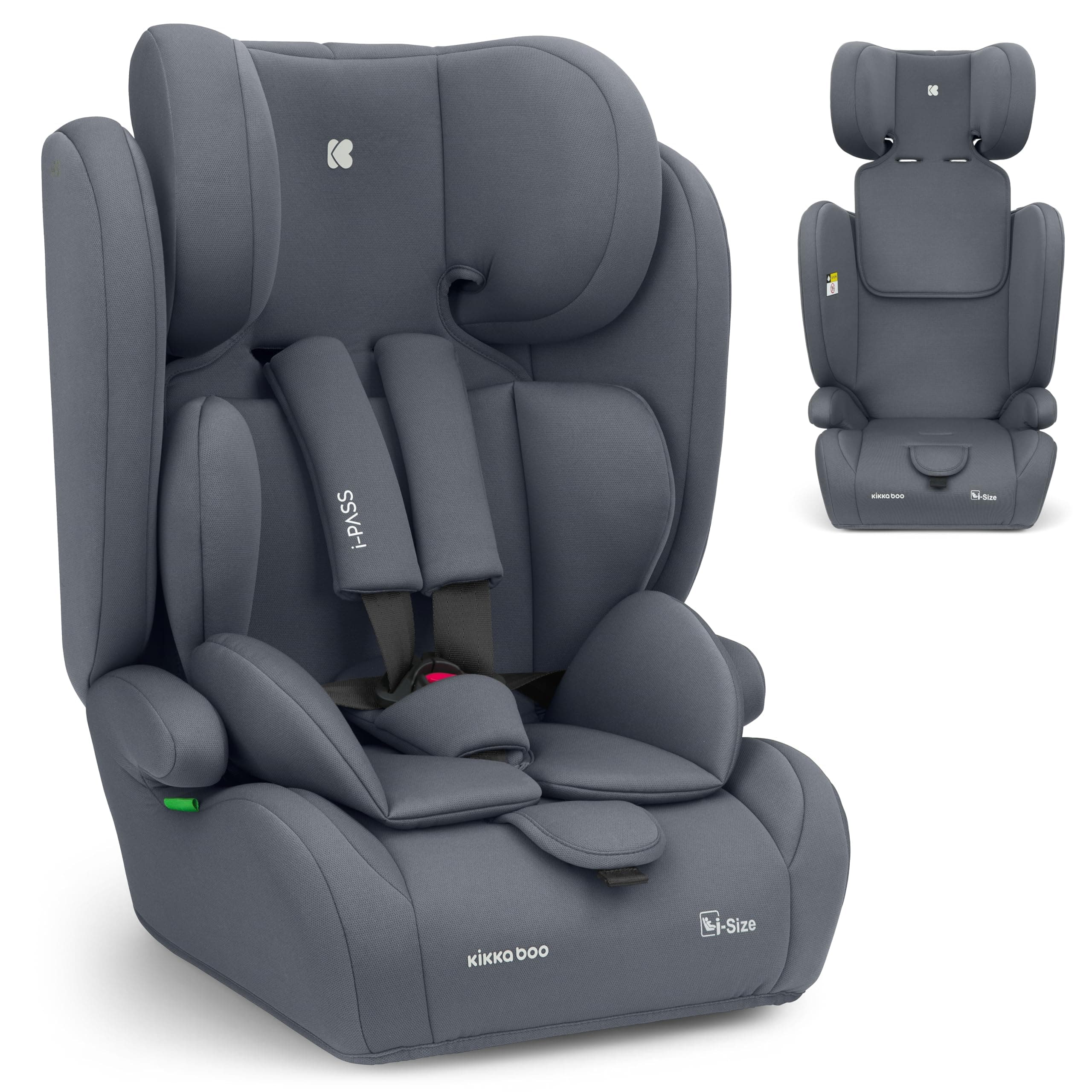 KikkaBoo Silla de Coche Grupo 1 2 3 (9-36 kg, 76-150cm) i-PASS, Silla Coche Bebé y Niños, Reposacabezas 13 Posiciones, 15 Meses a 12 Años, Cadeira Auto, Gris