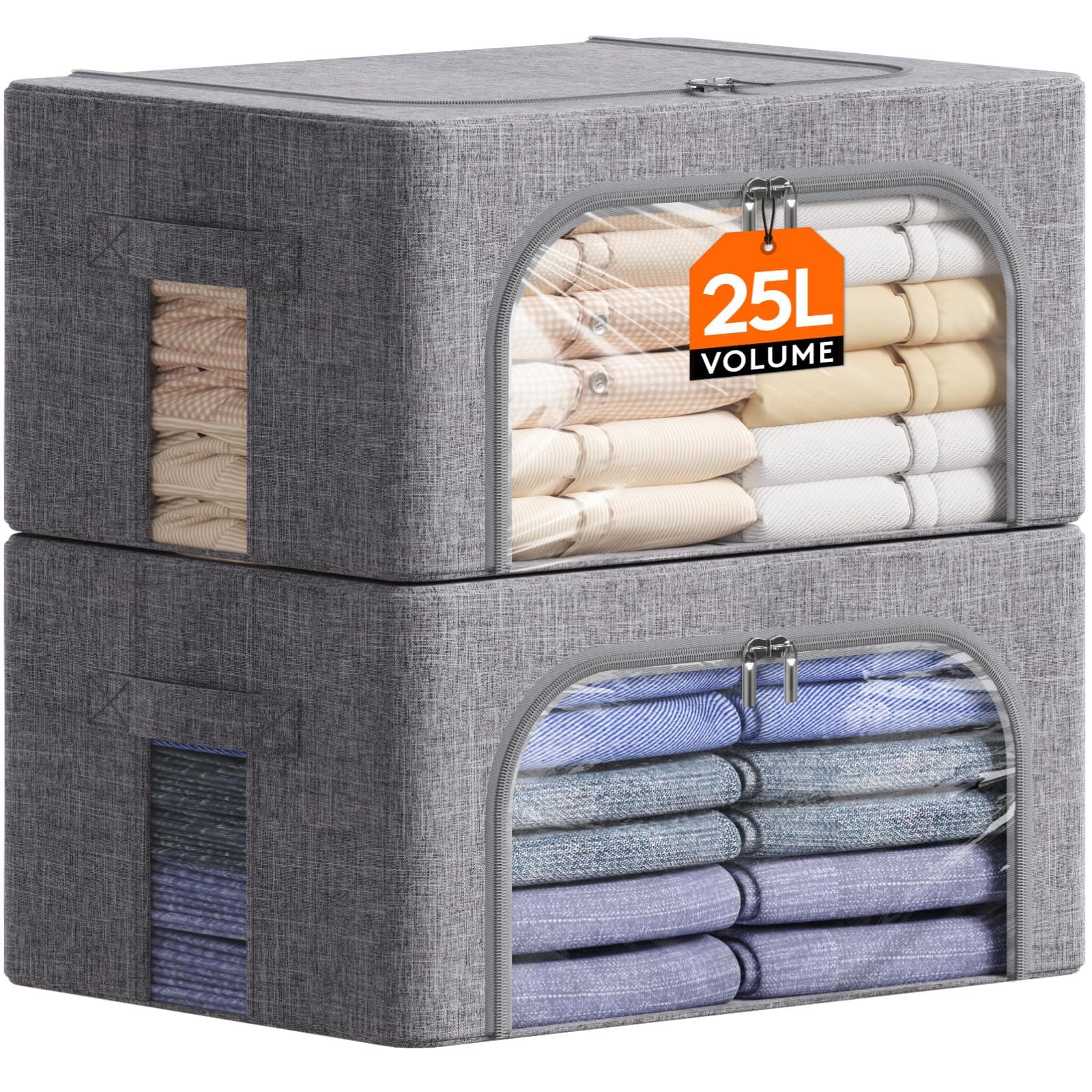 Lifewit 25L Aufbewahrungsbox mit Deckel, Kleidung Aufbewahrung, Faltbare Kleideraufbewahrung mit Metallrahmen, Stoffbox mit Griffen & Fenster, Aufbewahrung Kleiderschrank, 2er Set, Hellgrau