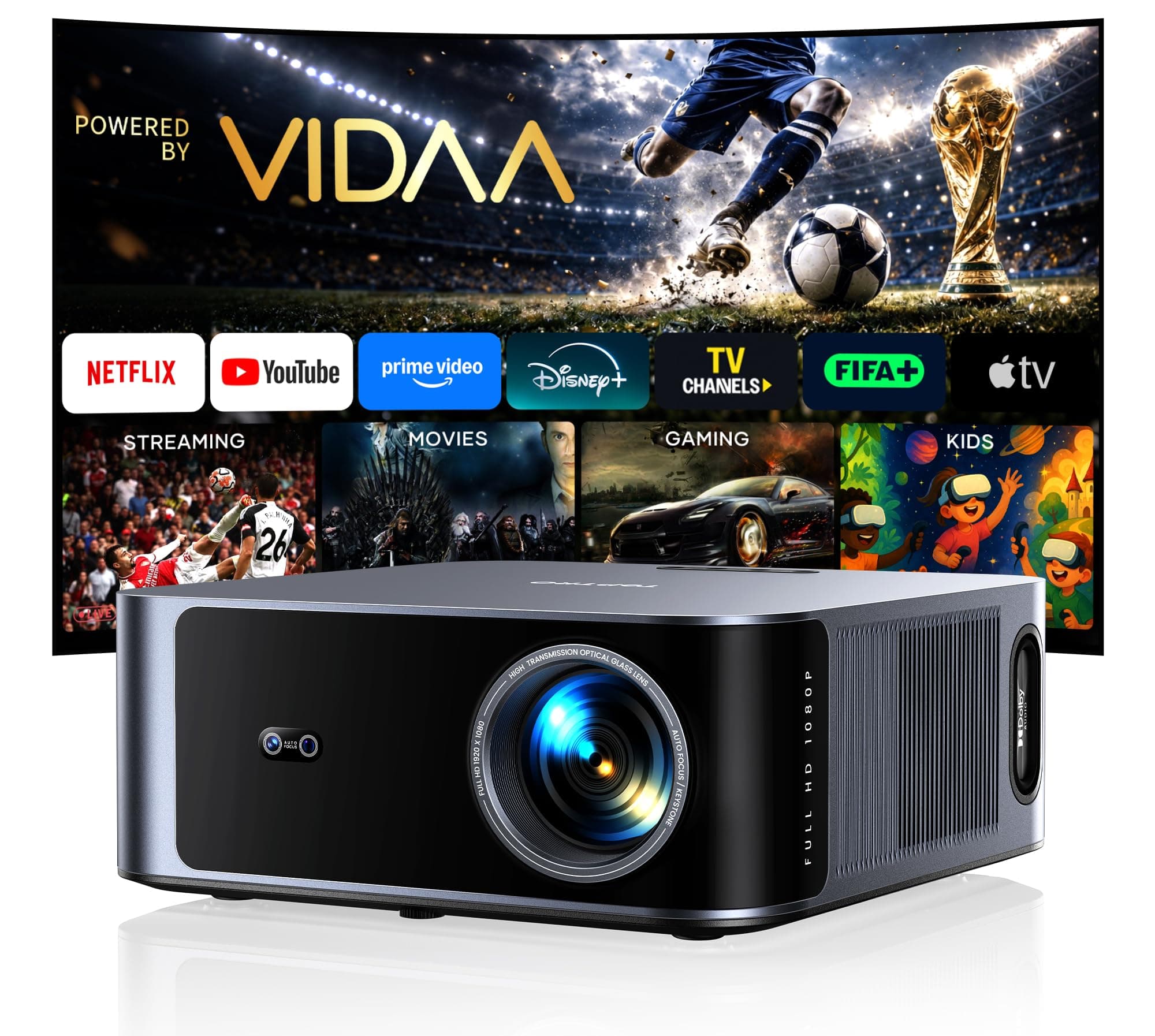 Proiettore 4K【2000 ANSI/40W Dolby]Vidaa Sistema Proiettore Auto focus e 6D Keystone Videoproiettore Two-way Bluetooth 5.4 Projector Controllo Vocale Proiettores Soffitto con AirPlay per Case/Esterno