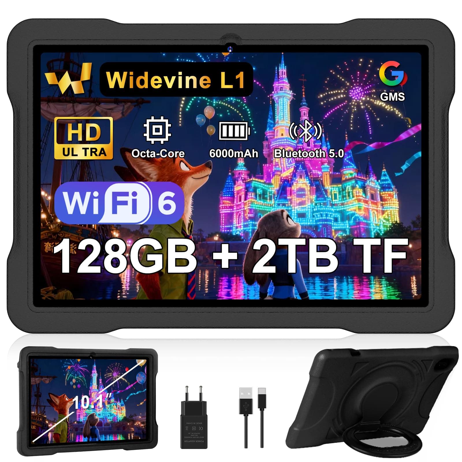 Tablette Android avec 20Go RAM+128Go ROM(TF/2To), Tablettes 10 Pouces avec Octa-Core, 6000mAh, 5G/2.4G WiFi 6, Widevine L1, GMS, 5MP+8MP, 1280 * 800, Bluetooth 5.0, Tablette Tactile avec EVA Cas-Noir