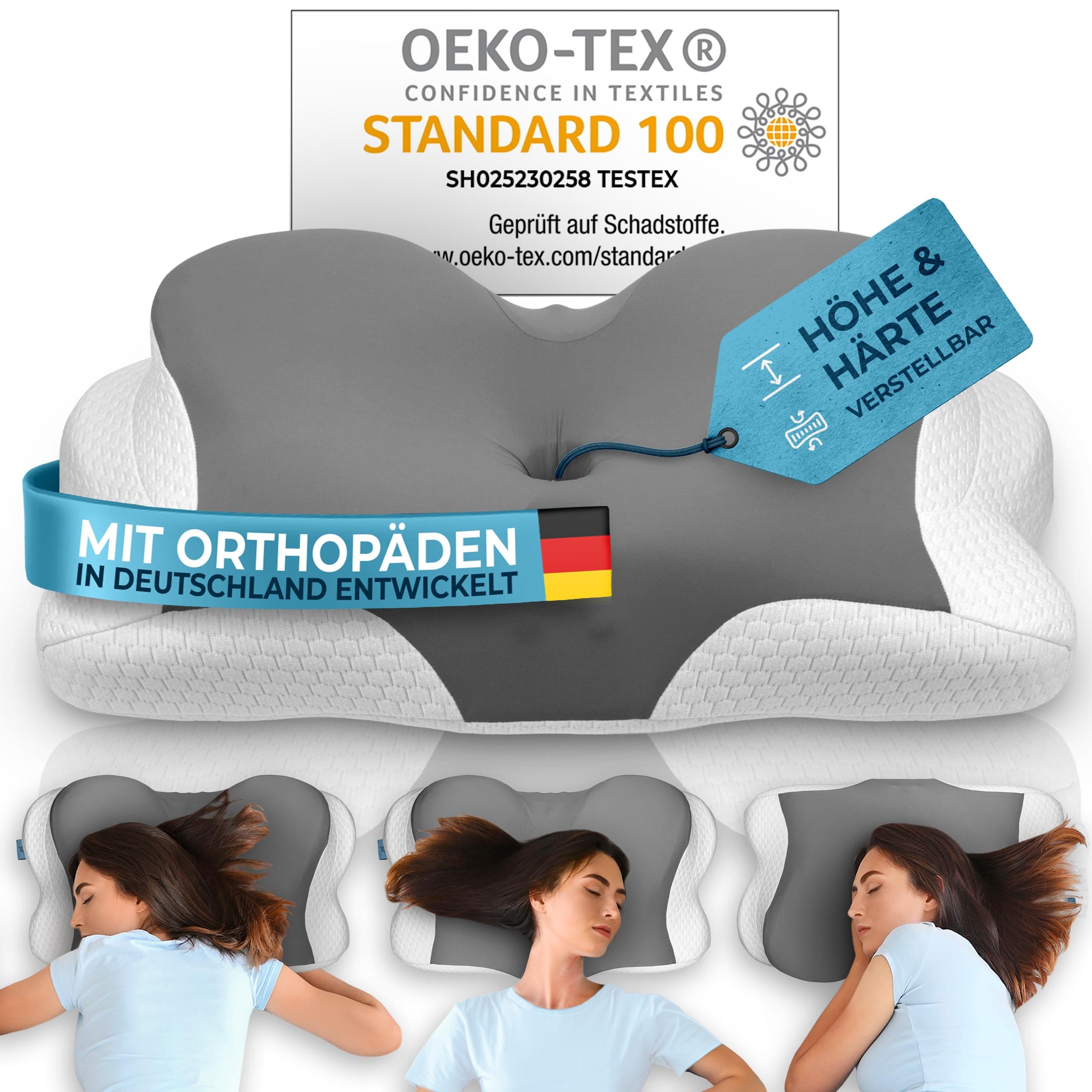 Glückstoff® Almohada Ergonómica [Nominado al Premio Innovación Ergonomía] Almohada Memory Foam | Almohada Cervical Ergonómica Rodillo Cervical Almohada para Dormir de Lado Gris