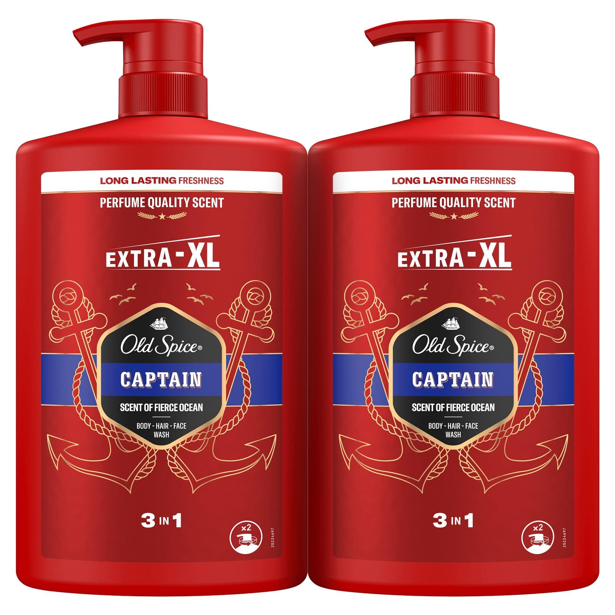 Old Spice Captain Gel De Ducha Y Champú Para Hombres 2x1000ml, Gel Para Cara, Cuerpo Y Pelo 3 En 1 Multiusos, Frescura Duradera, Fragancia Excepcional, Limpieza Profunda