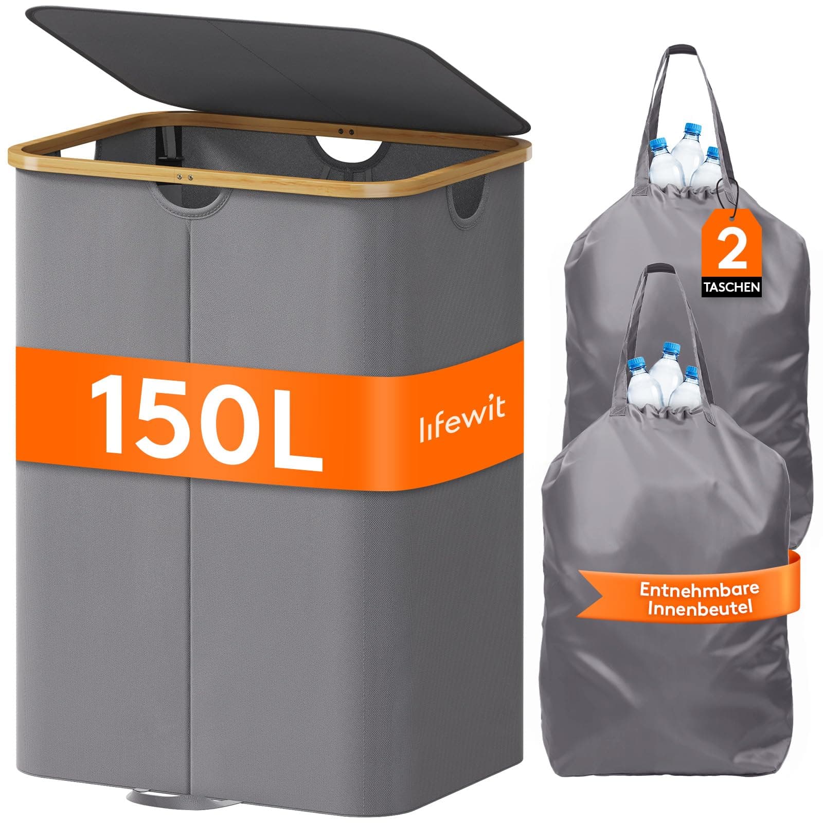 Lifewit 150L Pfandflaschen Sammelbehälter 2 fächer mit Deckel, Groß Pfandflaschen Behälter 2 Tragetasche für ErhaltenFlaschensammler eignet Sich für Küche, Küche Abstellraum Flaschentasche, Grau