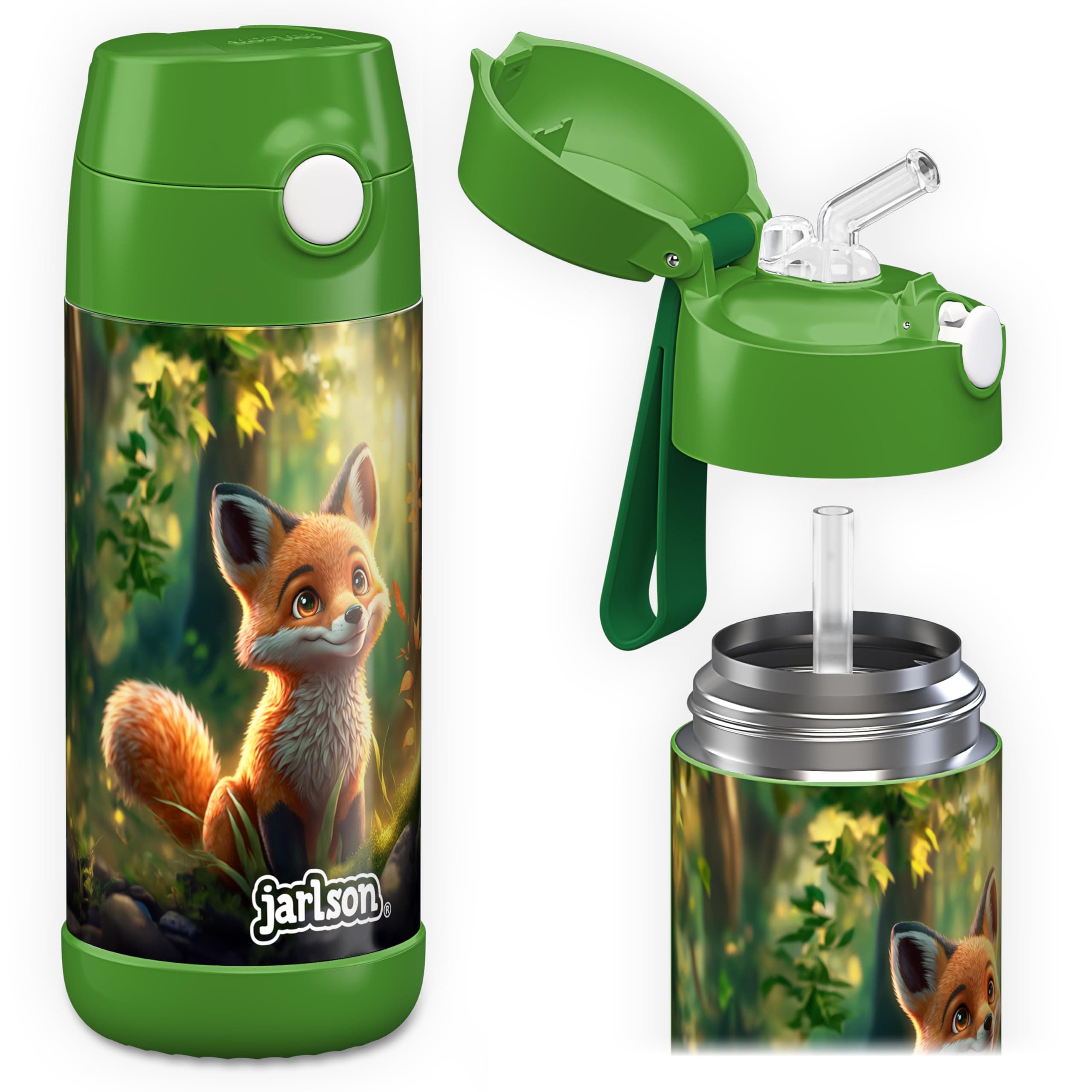 Jarlson® Gourde Enfant CHARLI [350ml] Bouteille Isotherme Anti Fuite avec Paille pour Garçons & Filles - Sans BPA & Phthalates - Gourde Inox pour École, Maternelle & Sport (Renard)