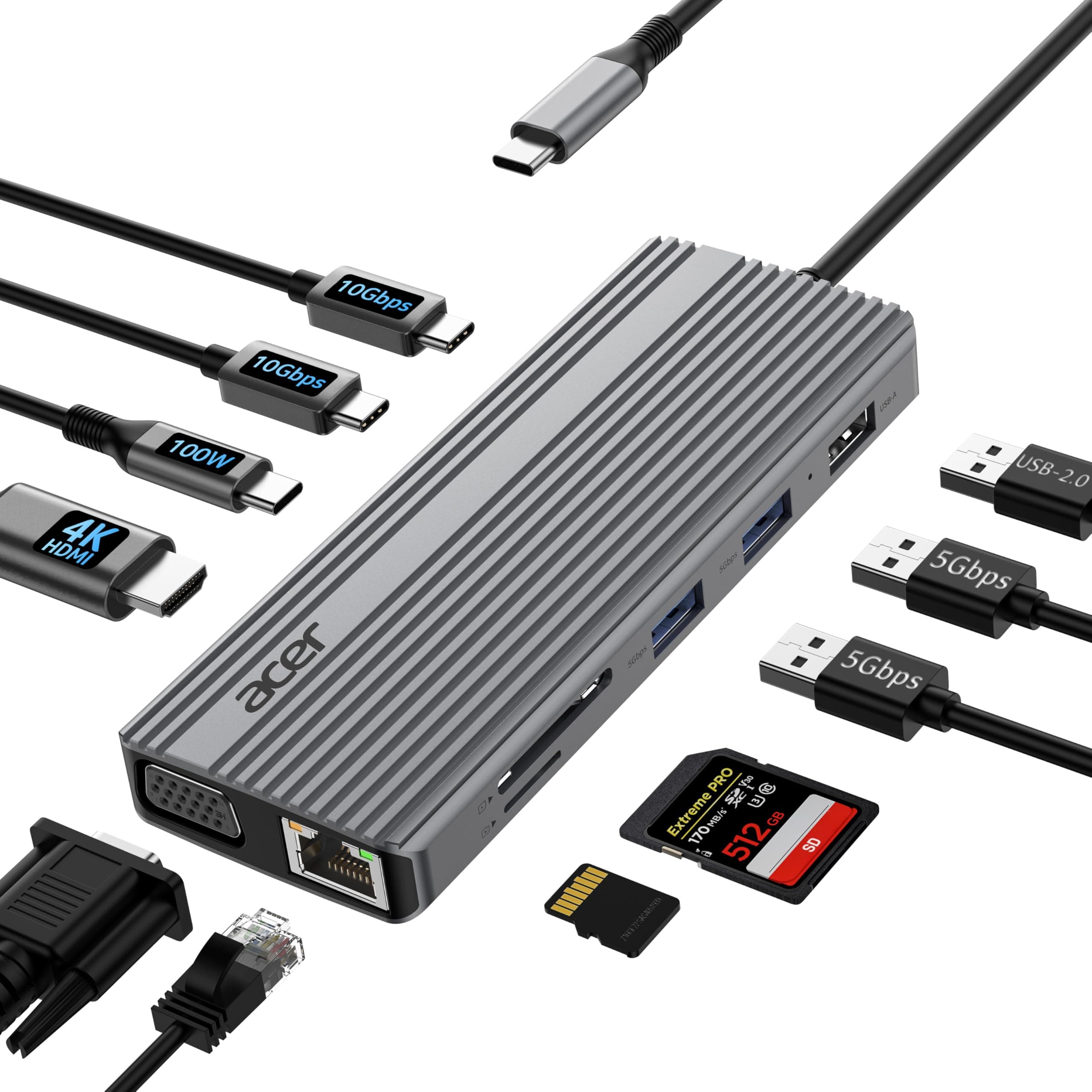 acer USB C Docking Station 11-IN-1, USB-C auf 4K@60Hz HDMI, 1080P VGA, 2x10Gbps Typ-C, 2x5Gbps USB-A, USBC PD 100W, 1000Mbps Ethernet, SD/TF Adapter Multiport Hub für Laptop Desktop Tablet usw.