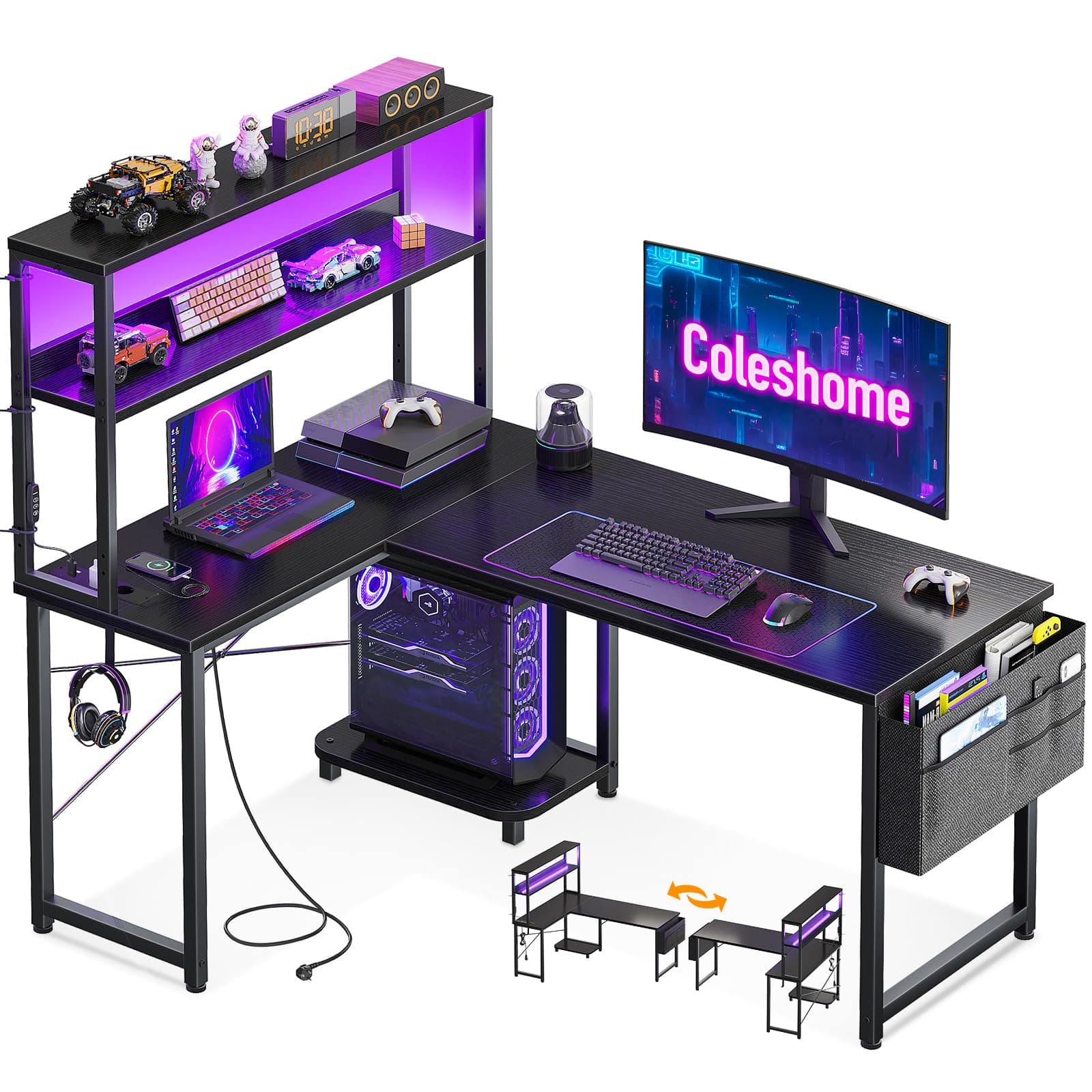 Coleshome Escritorio Gaming en L con LED y Enchufes, 110 × 80 cm Escritorio Gamer Reversible con Estantes, Escritorio Esquinero con Bolsa de Almacenamiento y Gancho para Jugadores, Negro