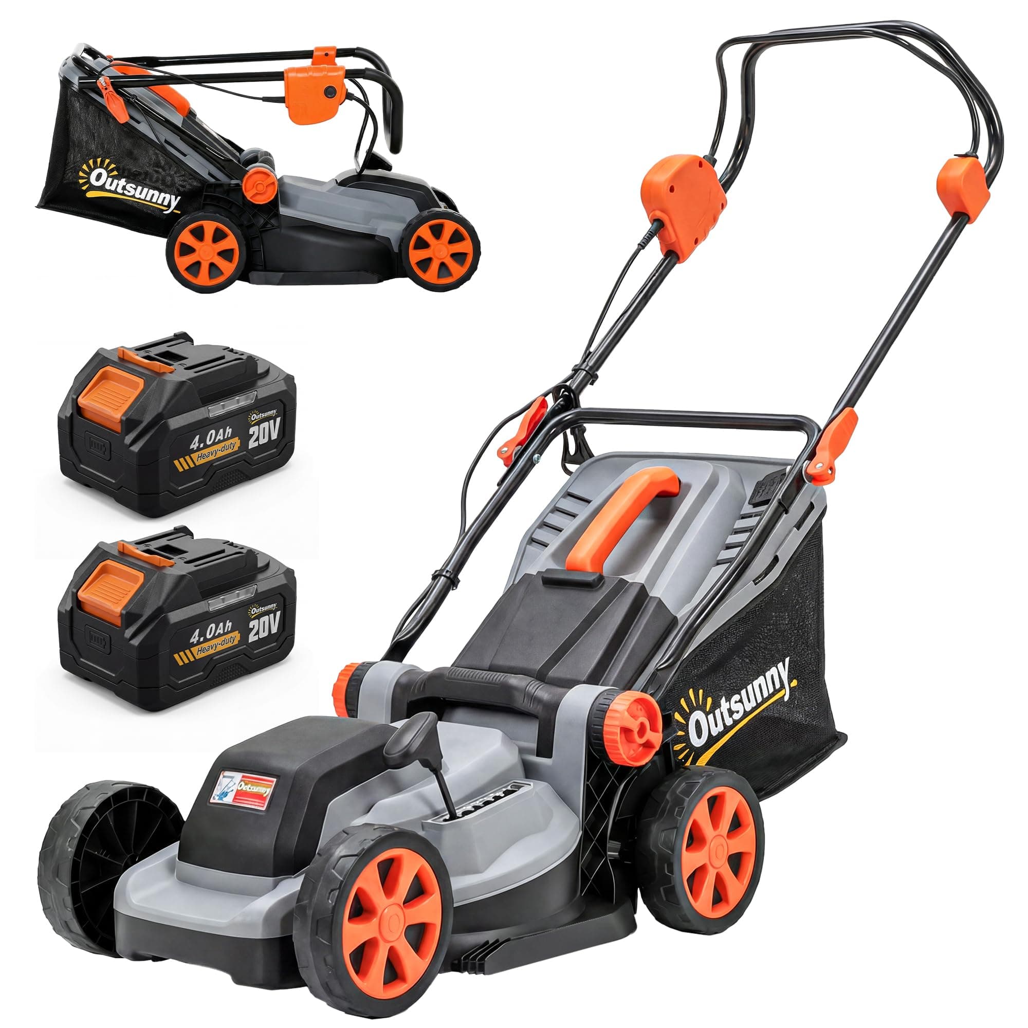 Outsunny Tondeuse à Gazon sans Fil 18V x2 - Moteur Brushless 700W, 2x4.0Ah Batteries pour 400m², Largeur 34cm, 6 Hauteurs 25-75mm, Mulching Silencieux, Gris Clair