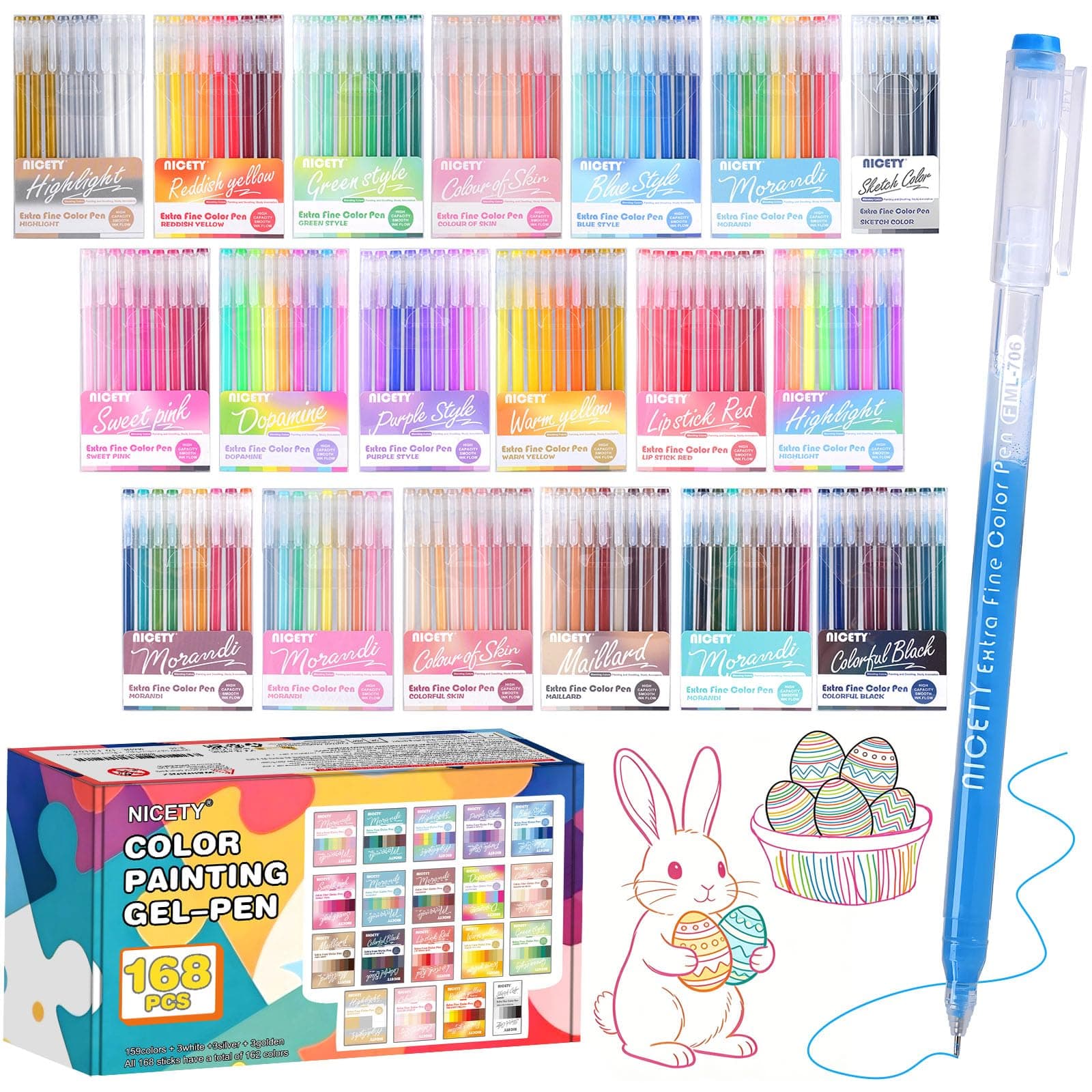 NICETY Stylo Gel Couleur – Set de 168 Gel Pens avec Pointe Fine 0,5mm & 162 couleurs (159 + 3 blanc / 3 argent / 3 or)– Feutres Gel pour Coloriage Adulte, Dessin, Journal – Enfants & Adultes